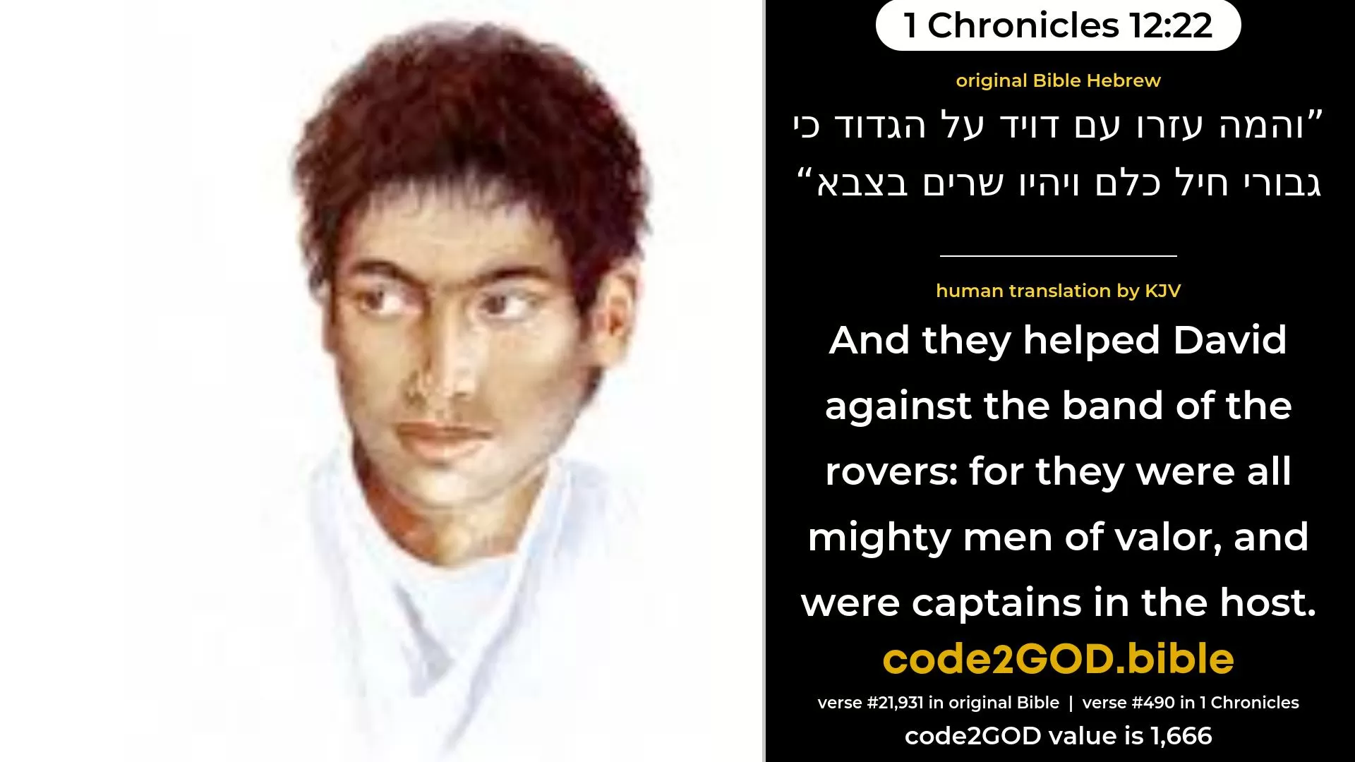 1 Chronicles 12-22≈ original Bible והמה עזרו עם דויד על הגדוד כי גבורי חיל כלם ויהיו שרים בצבא code2GOD