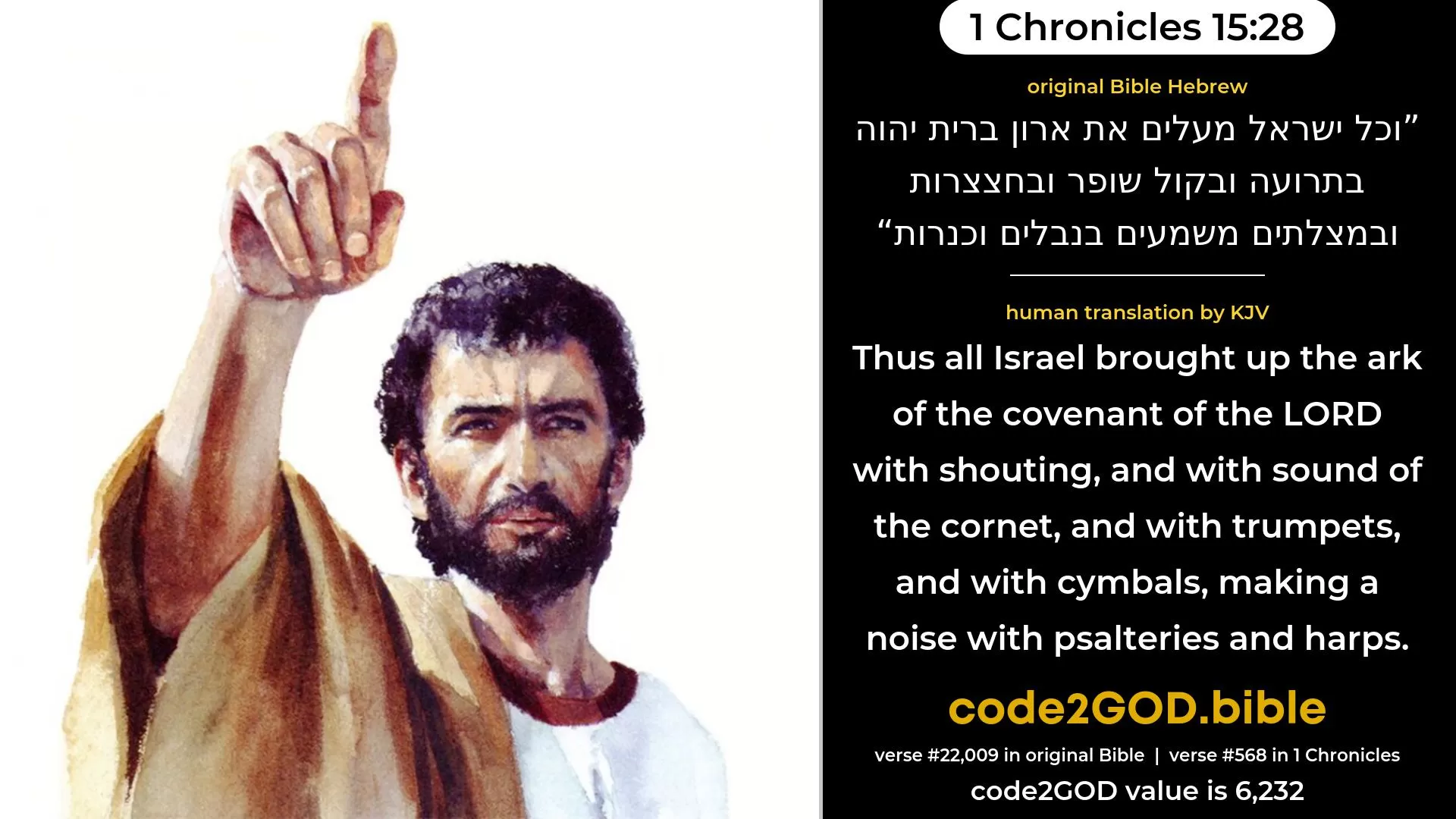 1 Chronicles 15-28≈ original Bible וכל ישראל מעלים את ארון ברית יהוה בתרועה ובקול שופר ובחצצרות ובמצלתים משמעים בנבלים וכנרות code2GOD