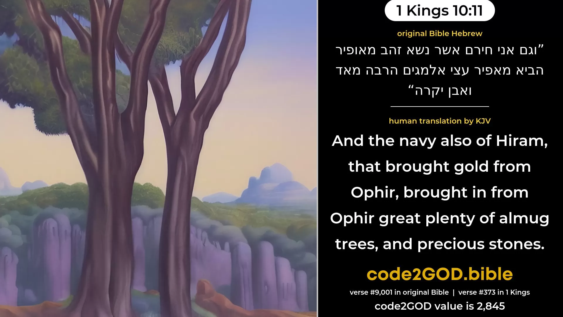 1 Kings 10-11≈And the navy also of Hiram, that brought gold from Ophir, brought in from Ophir great plenty of sandal-wood and precious stones. original Bible וגם אני חירם אשר נשא זהב מאופיר הביא מאפיר עצי אלמגים הרבה מאד ואבן יקרה code2GOD