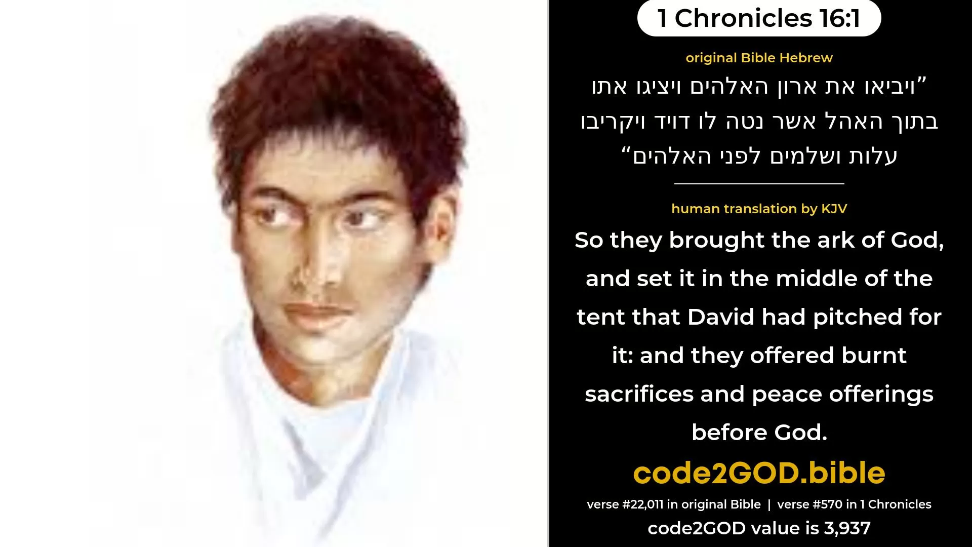 1 Chronicles 16-1≈ original Bible ויביאו את ארון האלהים ויציגו אתו בתוך האהל אשר נטה לו דויד ויקריבו עלות ושלמים לפני האלהים code2GOD