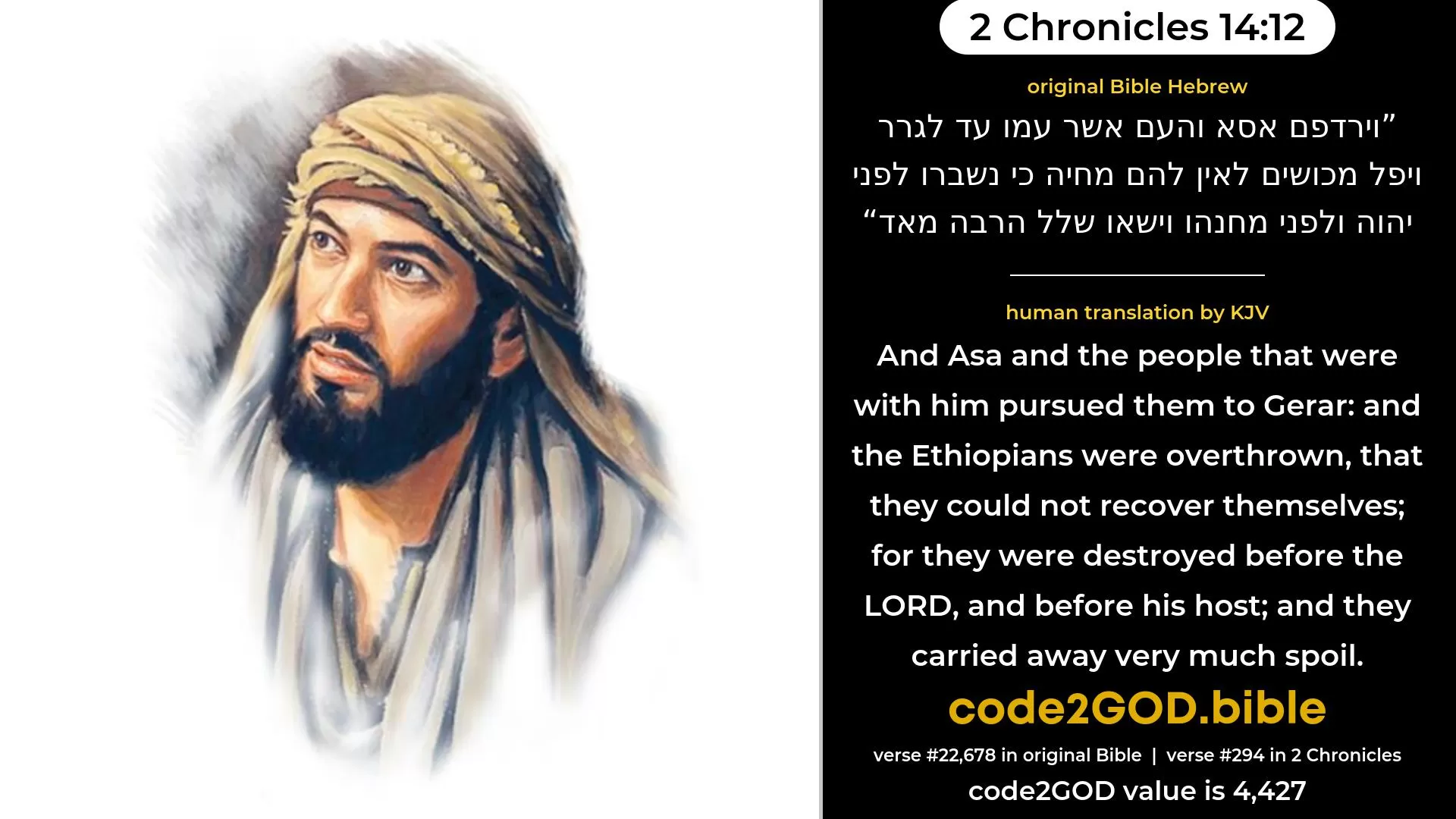 2 Chronicles 14-12≈ original Bible וירדפם אסא והעם אשר עמו עד לגרר ויפל מכושים לאין להם מחיה כי נשברו לפני יהוה ולפני מחנהו וישאו שלל הרבה מאד code2GOD