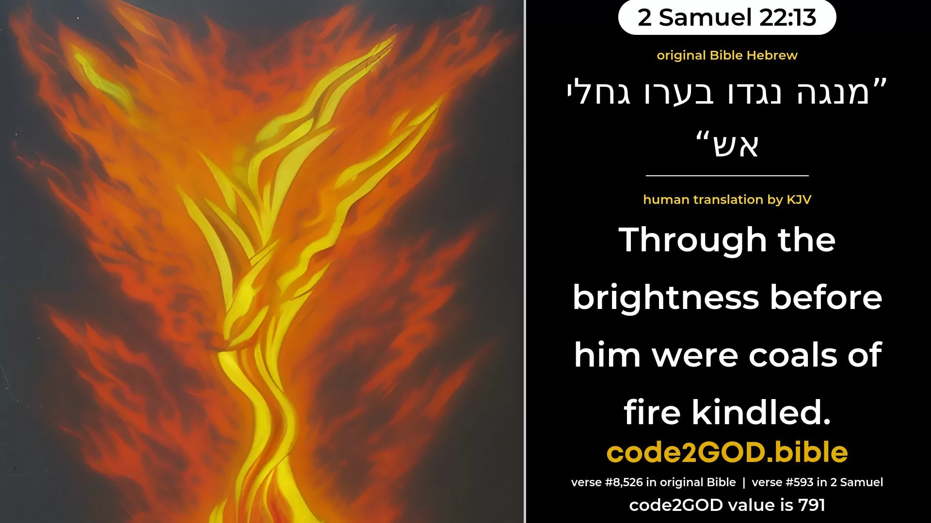 2 Samuel 22-13≈At the brightness before Him Coals of fire flamed forth. original Bible מנגה נגדו בערו גחלי אש code2GOD