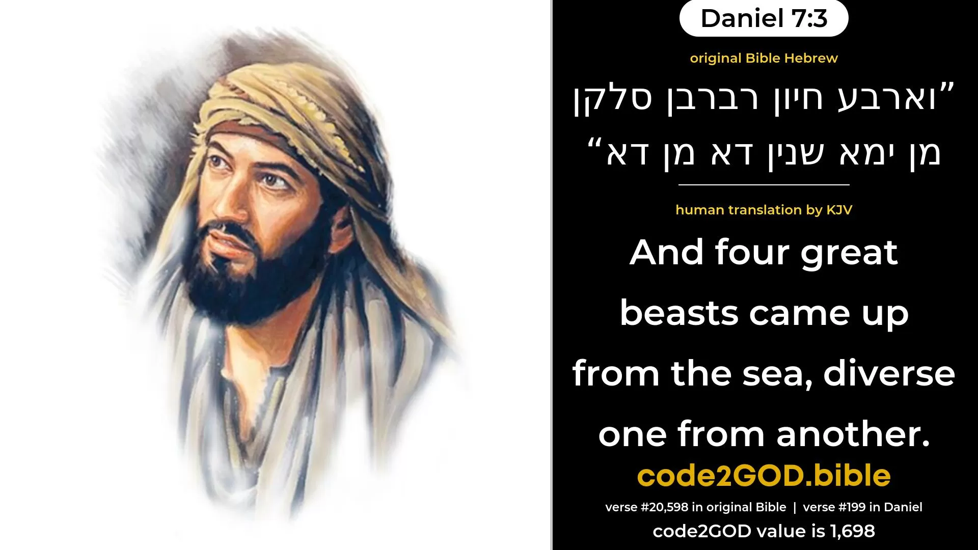 Daniel 7-3≈ original Bible וארבע חיון רברבן סלקן מן ימא שנין דא מן דא code2GOD