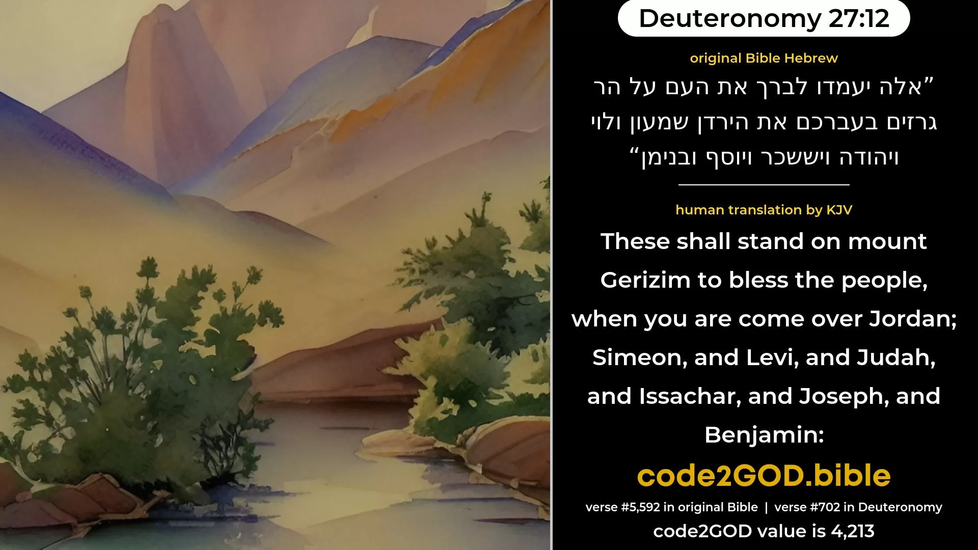 Deuteronomy 27-12≈These shall stand upon mount Gerizim to bless the people, when ye are passed over the Jordan: Simeon, and Levi, and Judah, and Issachar, and Joseph, and Benjamin; original Bible אלה יעמדו לברך את העם על הר גרזים בעברכם את הירדן שמעון ולוי ויהודה ויששכר ויוסף ובנימן code2GOD