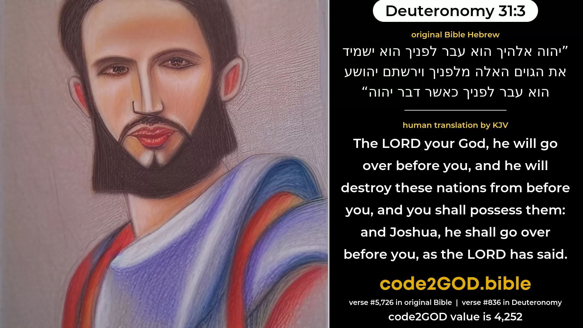 Deuteronomy 31-3≈The LORD thy God, He will go over before thee; He will destroy these nations from before thee, and thou shalt dispossess them; and Joshua, he shall go over before thee, as the LORD hath spoken. original Bible יהוה אלהיך הוא עבר לפניך הוא ישמיד את הגוים האלה מלפניך וירשתם יהושע הוא עבר לפניך כאשר דבר יהוה code2GOD