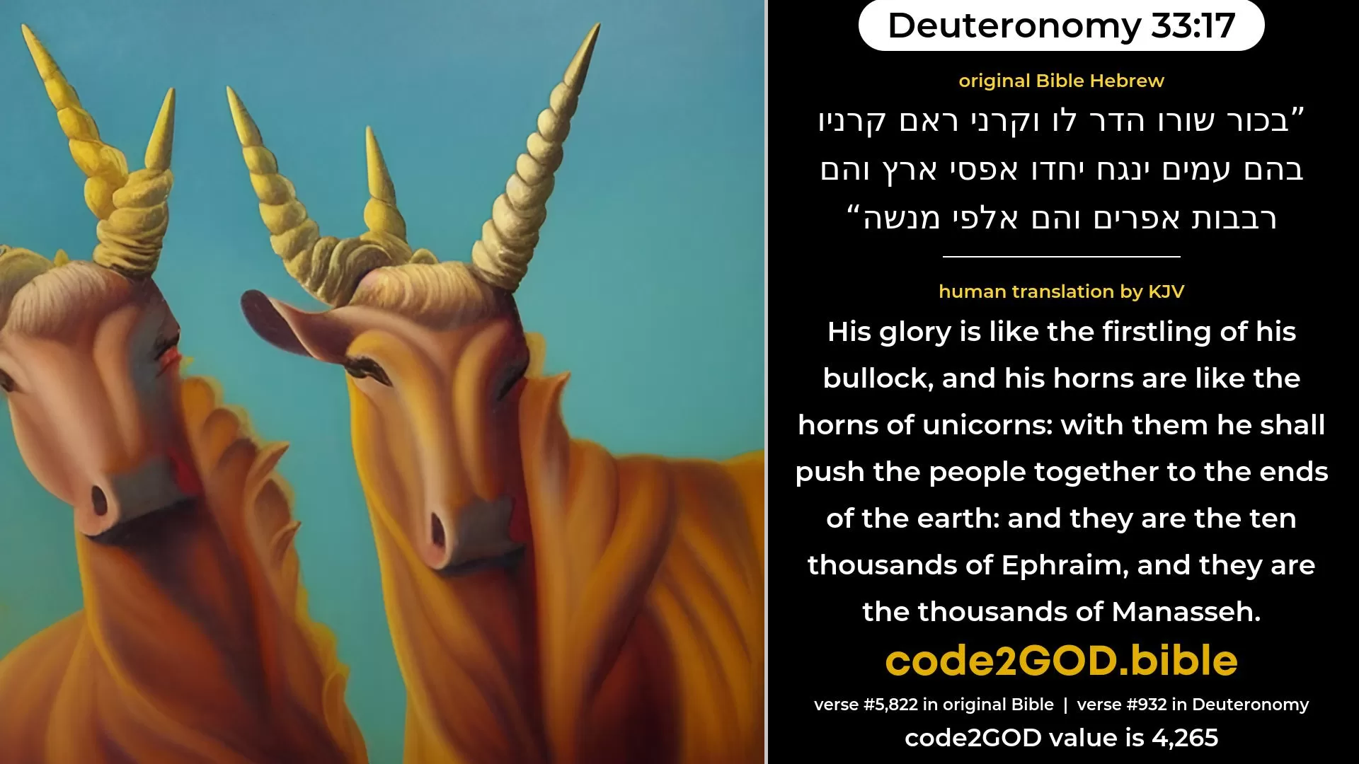 Deuteronomy 33-17≈His firstling bullock, majesty is his; And his horns are the horns of the wild-ox; With them he shall gore the peoples all of them, even the ends of the earth; And they are the ten thousands of Ephraim, And they are the thousands of Manasseh. original Bible בכור שורו הדר לו וקרני ראם קרניו בהם עמים ינגח יחדו אפסי ארץ והם רבבות אפרים והם אלפי מנשה code2GOD