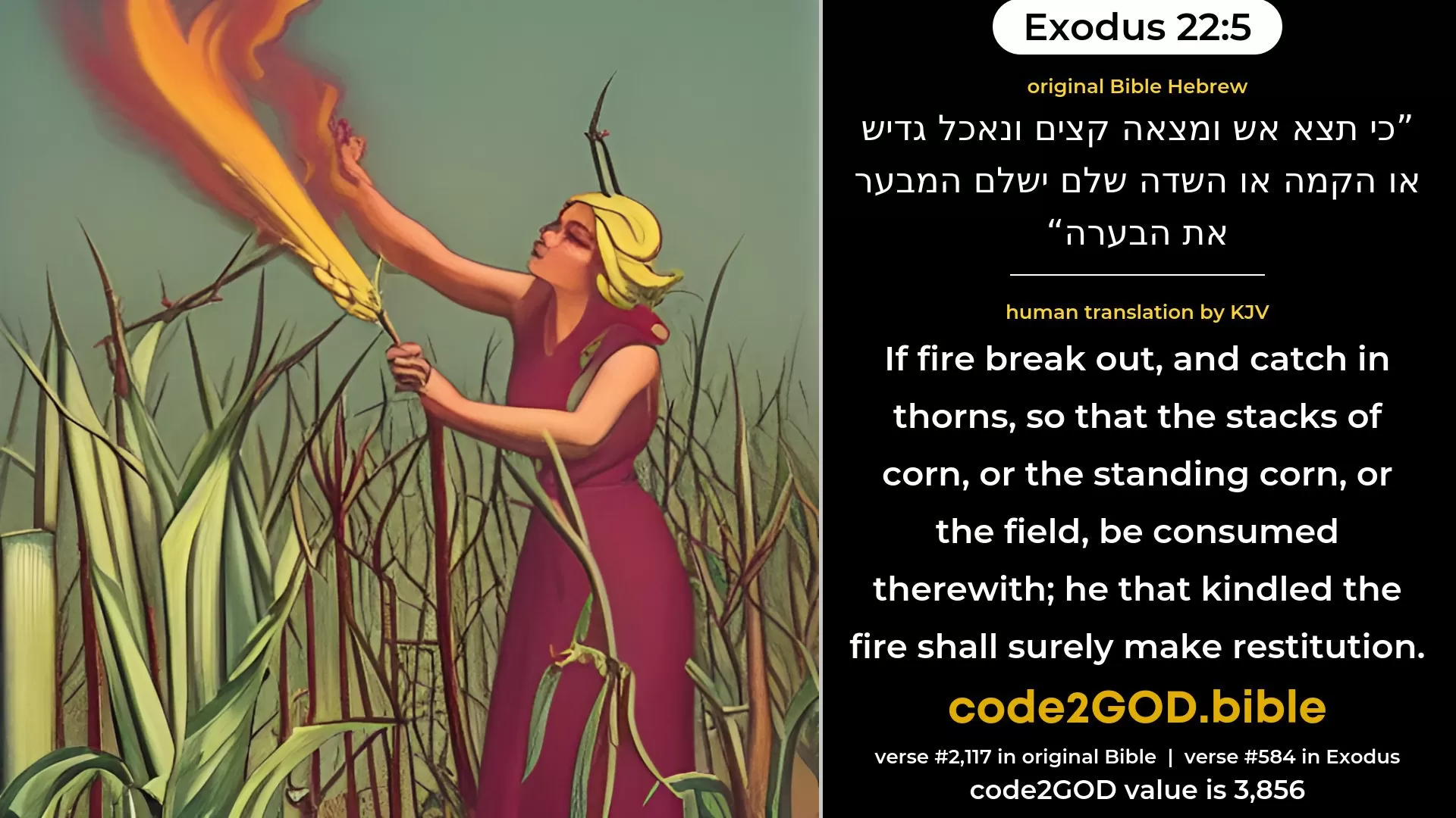 Exodus 22-5≈If fire break out, and catch in thorns, so that the shocks of corn, or the standing corn, or the field are consumed; he that kindled the fire shall surely make restitution. original Bible כי תצא אש ומצאה קצים ונאכל גדיש או הקמה או השדה שלם ישלם המבער את הבערה code2GOD