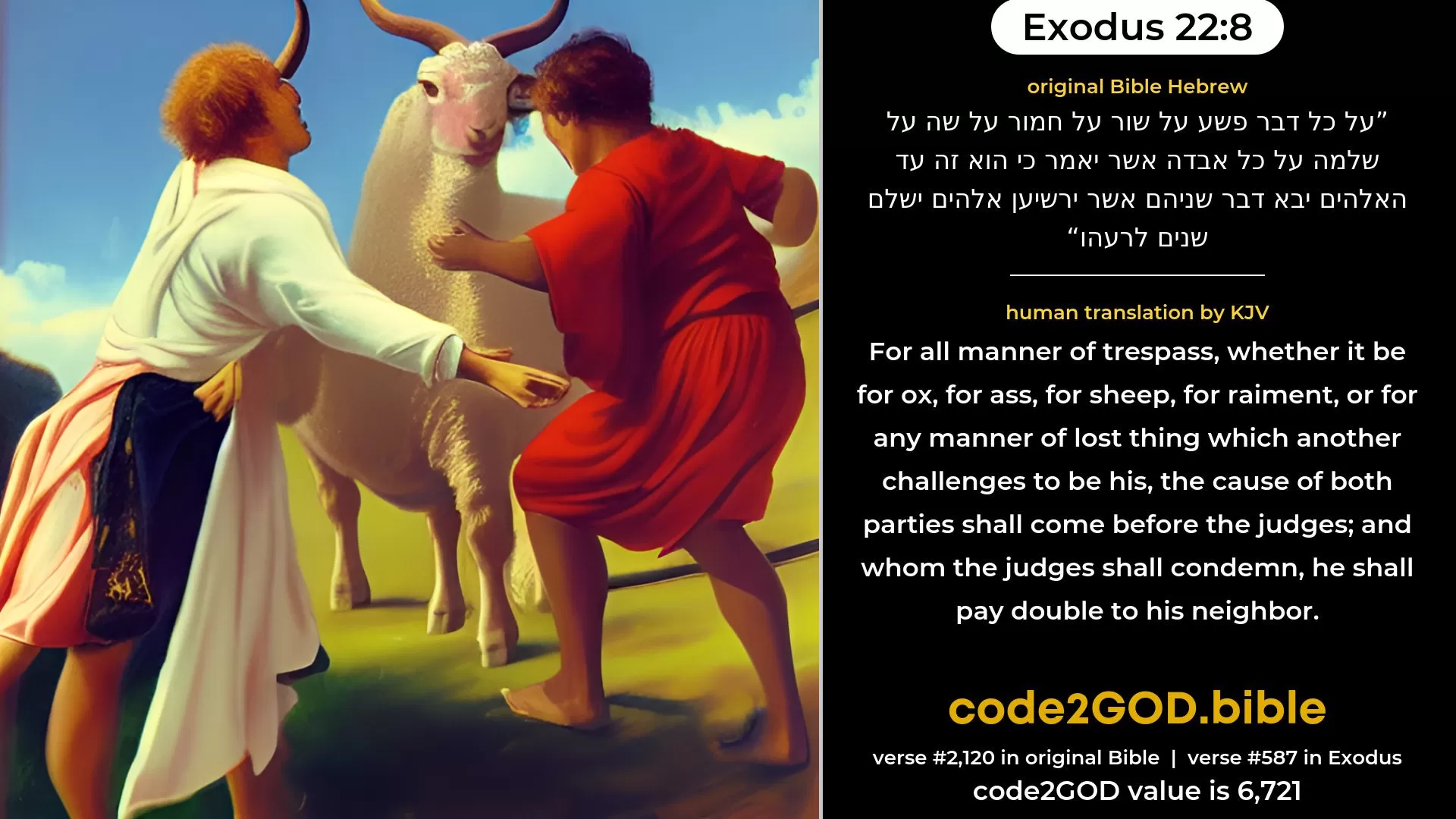 Exodus 22-8≈For every matter of trespass, whether it be for ox, for ass, for sheep, for raiment, or for any manner of lost thing, whereof one saith: ‘This is it,’ the cause of both parties shall come before God; he whom God shall condemn shall pay double unto his neighbour. original Bible על כל דבר פשע על שור על חמור על שה על שלמה על כל אבדה אשר יאמר כי הוא זה עד האלהים יבא דבר שניהם אשר ירשיען אלהים ישלם שנים לרעהו code2GOD