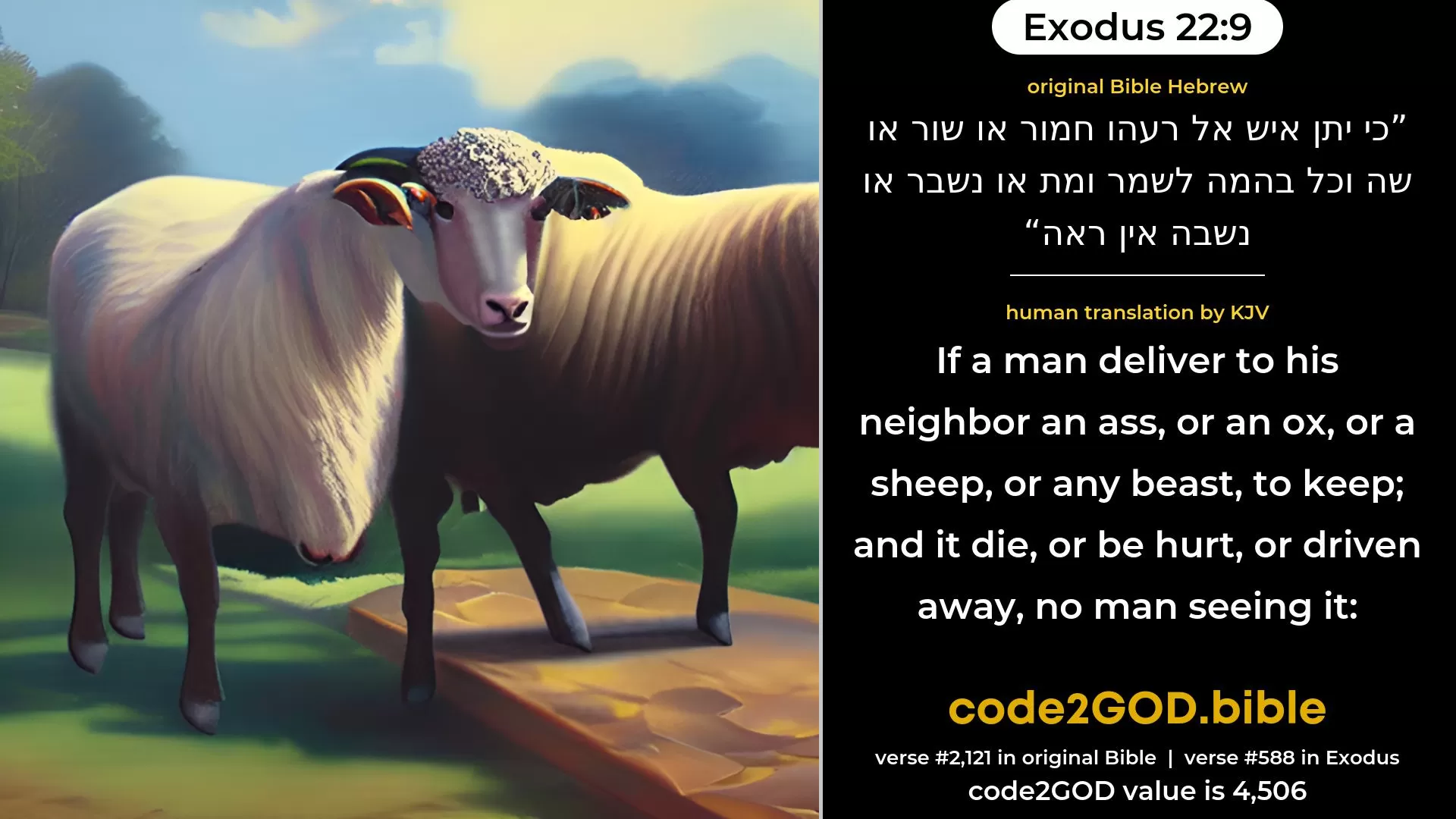 Exodus 22-9≈If a man deliver unto his neighbour an ass, or an ox, or a sheep, or any beast, to keep, and it die, or be hurt, or driven away, no man seeing it; original Bible כי יתן איש אל רעהו חמור או שור או שה וכל בהמה לשמר ומת או נשבר או נשבה אין ראה code2GOD