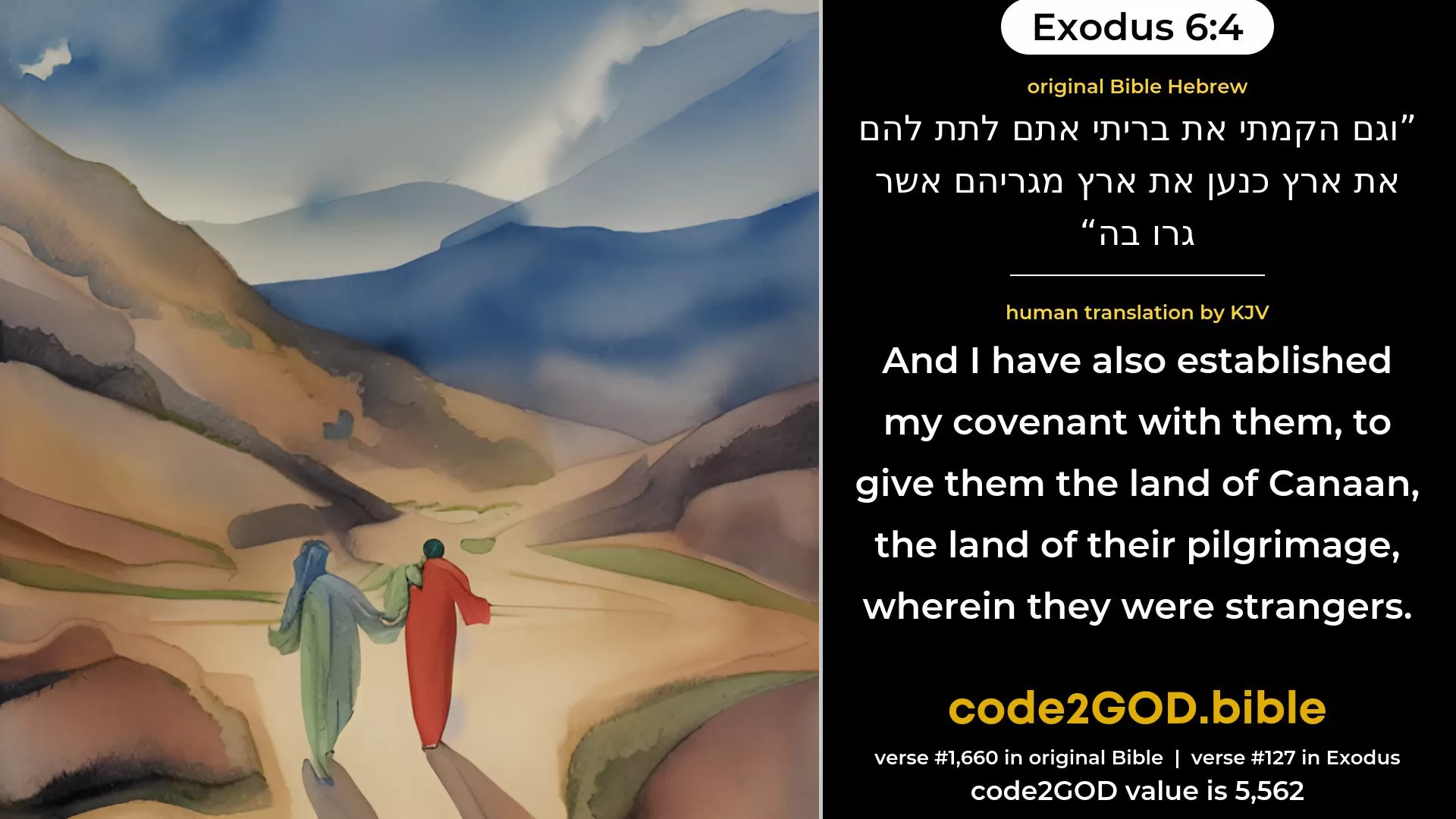 Exodus 6-4≈And I have also established My covenant with them, to give them the land of Canaan, the land of their sojournings, wherein they sojourned. original Bible וגם הקמתי את בריתי אתם לתת להם את ארץ כנען את ארץ מגריהם אשר גרו בה code2GOD