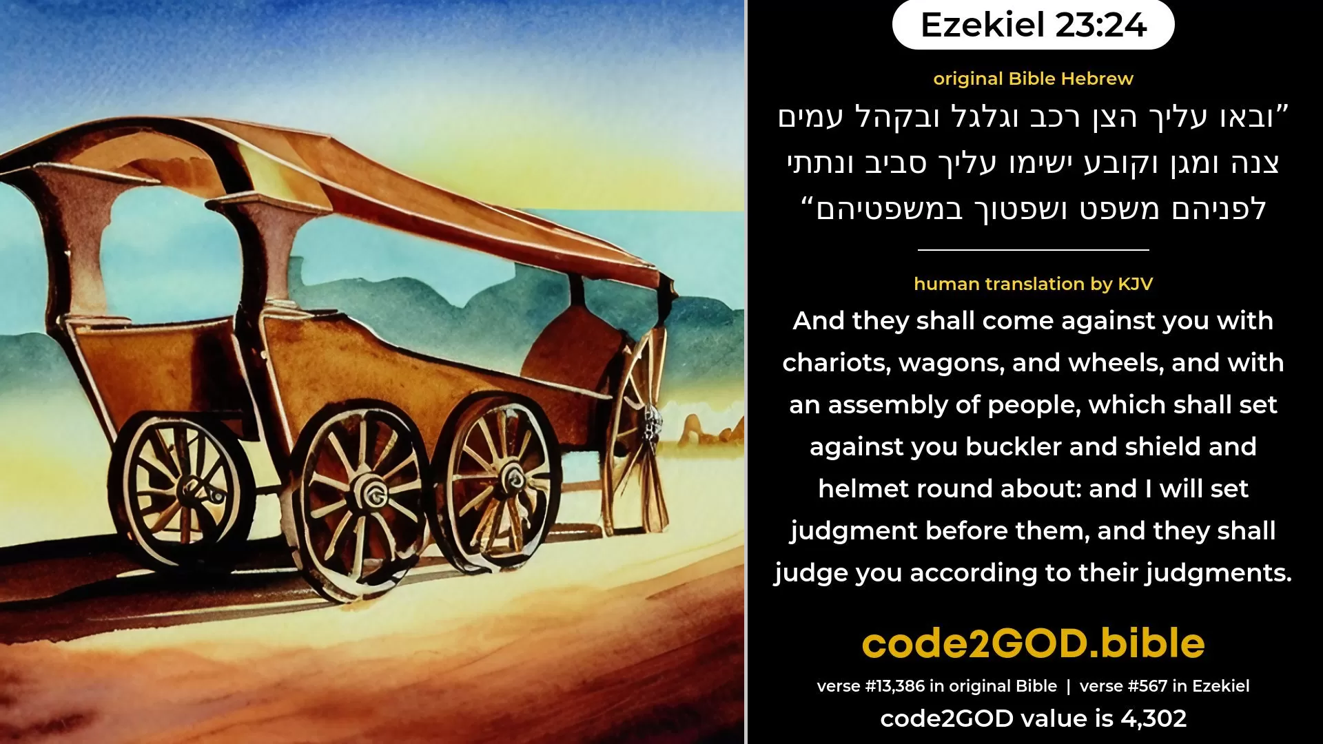 Ezekiel 23-24≈And they shall come against thee with hosts, chariots, and wheels, and with an assembly of peoples; they shall set themselves in array against thee with buckler and shield and helmet round about; and I will commit the judgment unto them, and they shall judge thee according to their judgments. original Bible ובאו עליך הצן רכב וגלגל ובקהל עמים צנה ומגן וקובע ישימו עליך סביב ונתתי לפניהם משפט ושפטוך במשפטיהם code2GOD