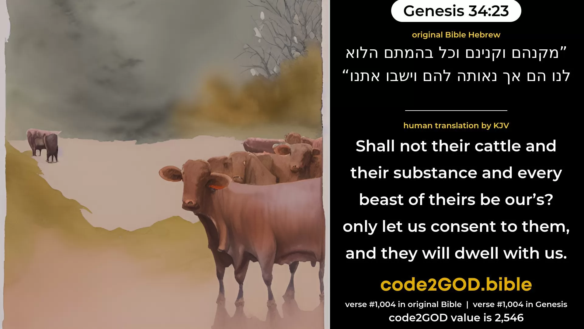 Genesis 34-23≈Shall not their cattle and their substance and all their beasts be ours? only let us consent unto them, and they will dwell with us.’ original Bible מקנהם וקנינם וכל בהמתם הלוא לנו הם אך נאותה להם וישבו אתנו code2GOD
