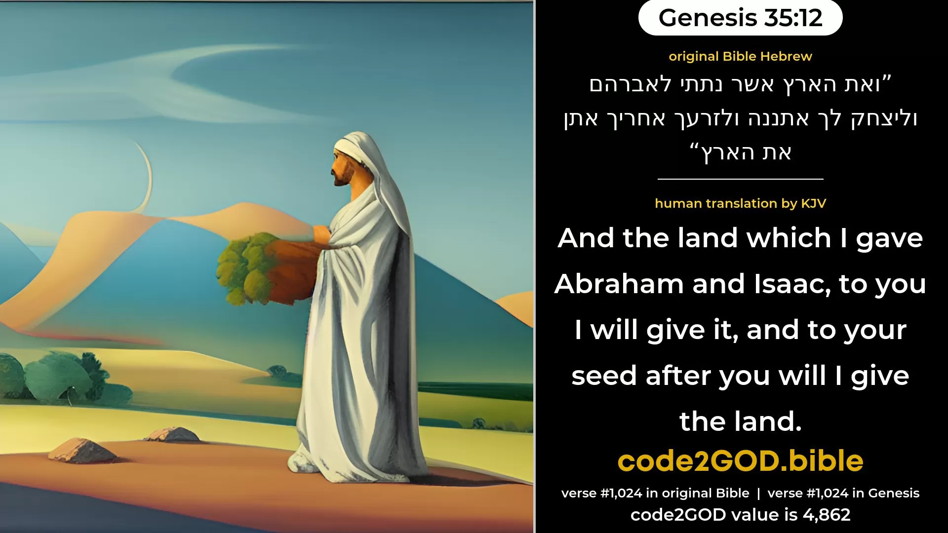 Genesis 35-12≈and the land which I gave unto Abraham and Isaac, to thee I will give it, and to thy seed after thee will I give the land.’ original Bible ואת הארץ אשר נתתי לאברהם וליצחק לך אתננה ולזרעך אחריך אתן את הארץ code2GOD