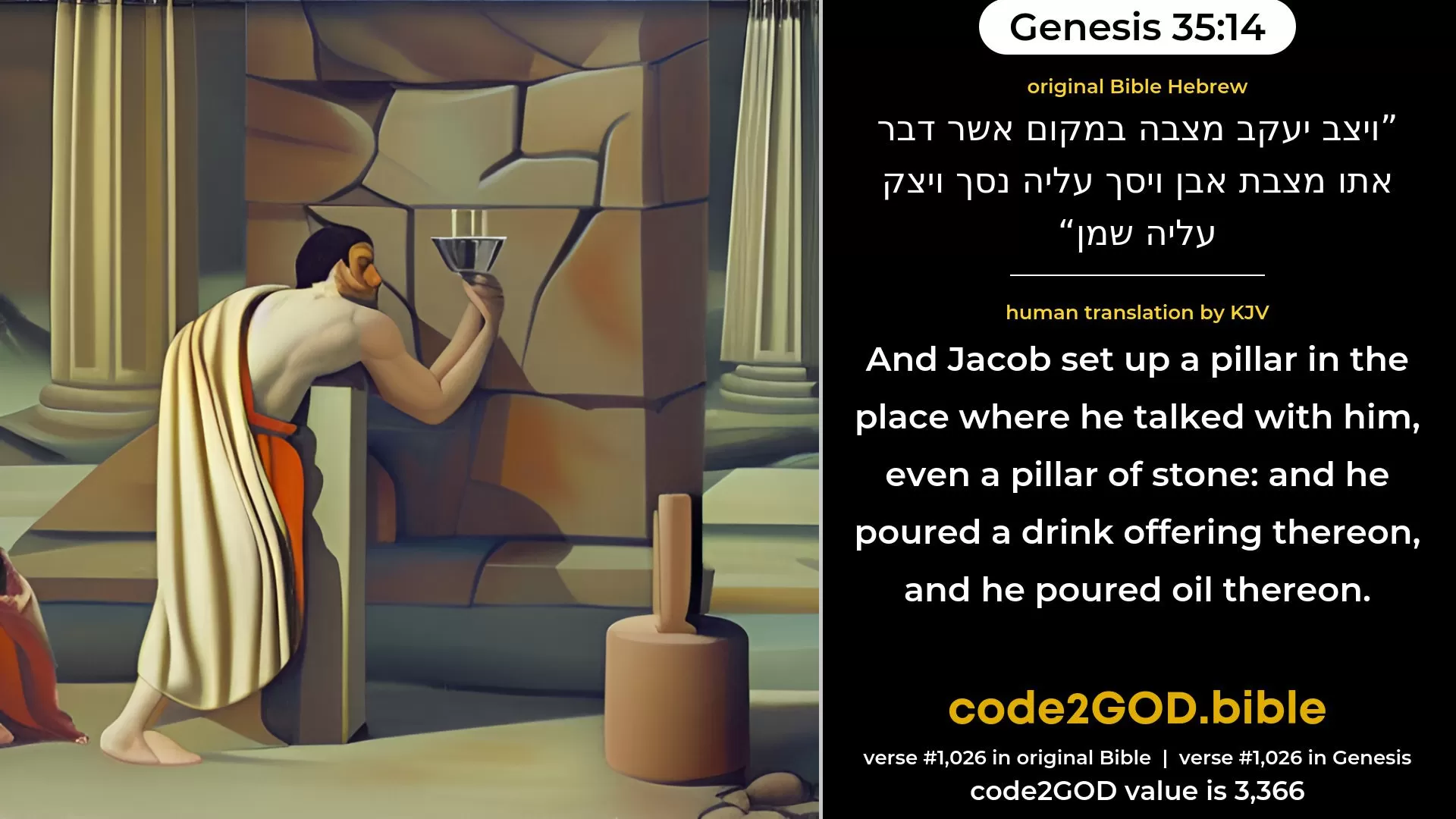 Genesis 35-14≈And Jacob set up a pillar in the place where He spoke with him, a pillar of stone, and he poured out a drink-offering thereon, and poured oil thereon. original Bible ויצב יעקב מצבה במקום אשר דבר אתו מצבת אבן ויסך עליה נסך ויצק עליה שמן code2GOD