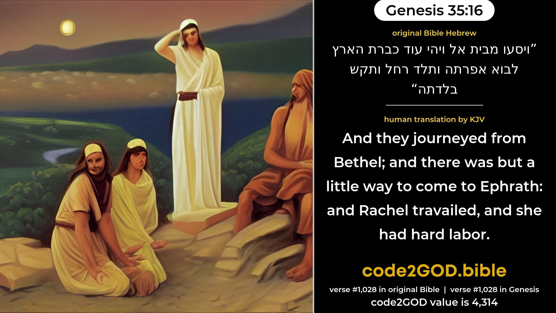 Genesis 35-16≈And they journeyed from Beth-el; and there was still some way to come to Ephrath; and Rachel travailed, and she had hard labour. original Bible ויסעו מבית אל ויהי עוד כברת הארץ לבוא אפרתה ותלד רחל ותקש בלדתה code2GOD