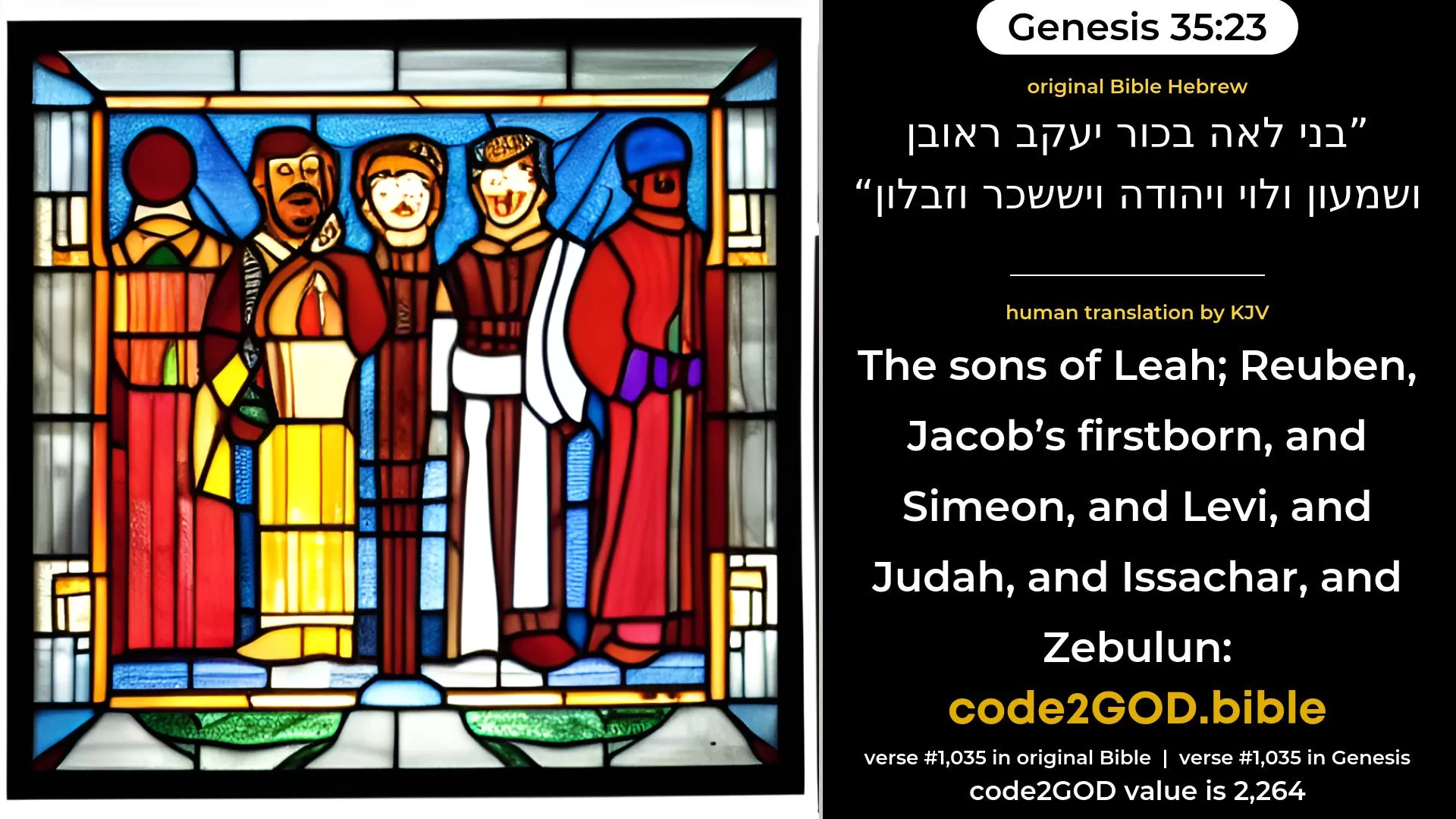 Genesis 35-23≈the sons of Leah: Reuben, Jacob’s first-born, and Simeon, and Levi, and Judah, and Issachar, and Zebulun; original Bible בני לאה בכור יעקב ראובן ושמעון ולוי ויהודה ויששכר וזבלון code2GOD