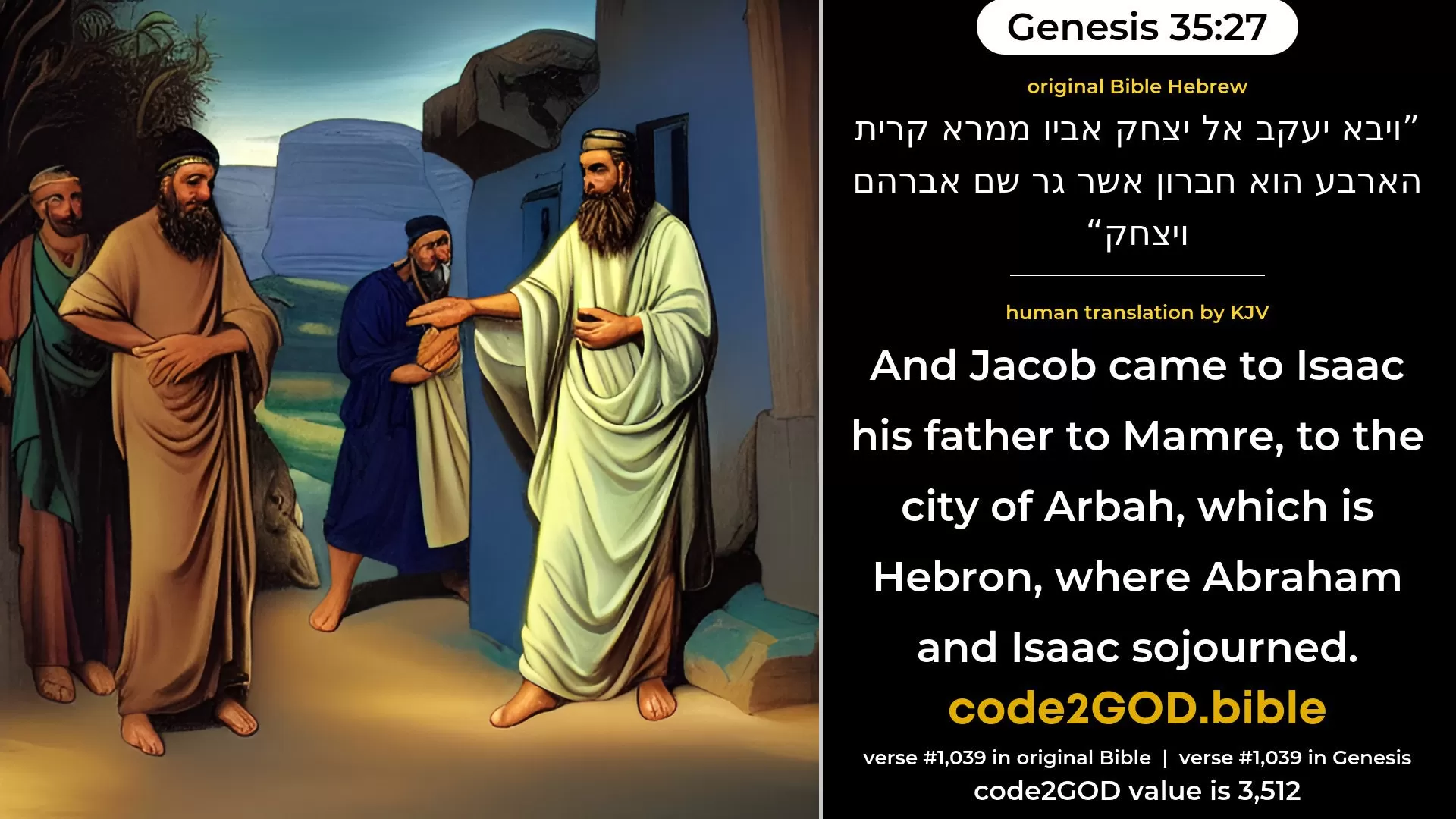Genesis 35-27≈And Jacob came unto Isaac his father to Mamre, to Kiriatharba—the same is Hebron—where Abraham and Isaac sojourned. original Bible ויבא יעקב אל יצחק אביו ממרא קרית הארבע הוא חברון אשר גר שם אברהם ויצחק code2GOD