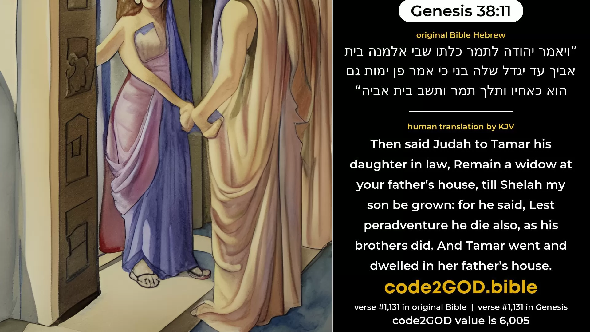 Genesis 38-11≈Then said Judah to Tamar his daughter-in-law: ‘Remain a widow in thy father’s house, till Shelah my son be grown up’; for he said: ‘Lest he also die, like his brethren.’ And Tamar went and dwelt in her father’s house. original Bible ויאמר יהודה לתמר כלתו שבי אלמנה בית אביך עד יגדל שלה בני כי אמר פן ימות גם הוא כאחיו ותלך תמר ותשב בית אביה code2GOD
