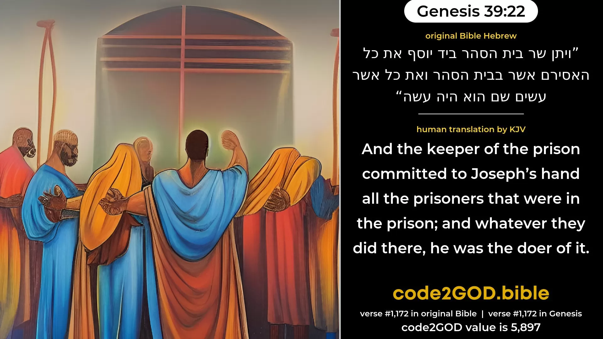 Genesis 39-22≈And the keeper of the prison committed to Joseph’s hand all the prisoners that were in the prison; and whatsoever they did there, he was the doer of it. original Bible ויתן שר בית הסהר ביד יוסף את כל האסירם אשר בבית הסהר ואת כל אשר עשים שם הוא היה עשה code2GOD