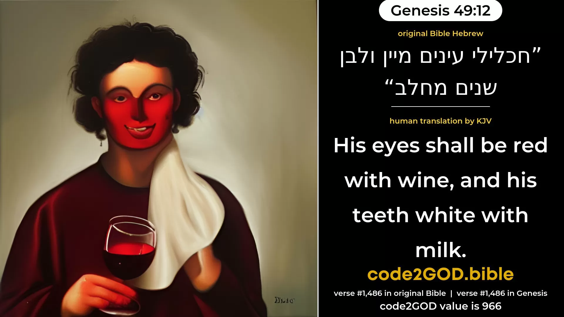 Genesis 49-12≈His eyes shall be red with wine, And his teeth white with milk. original Bible חכלילי עינים מיין ולבן שנים מחלב code2GOD