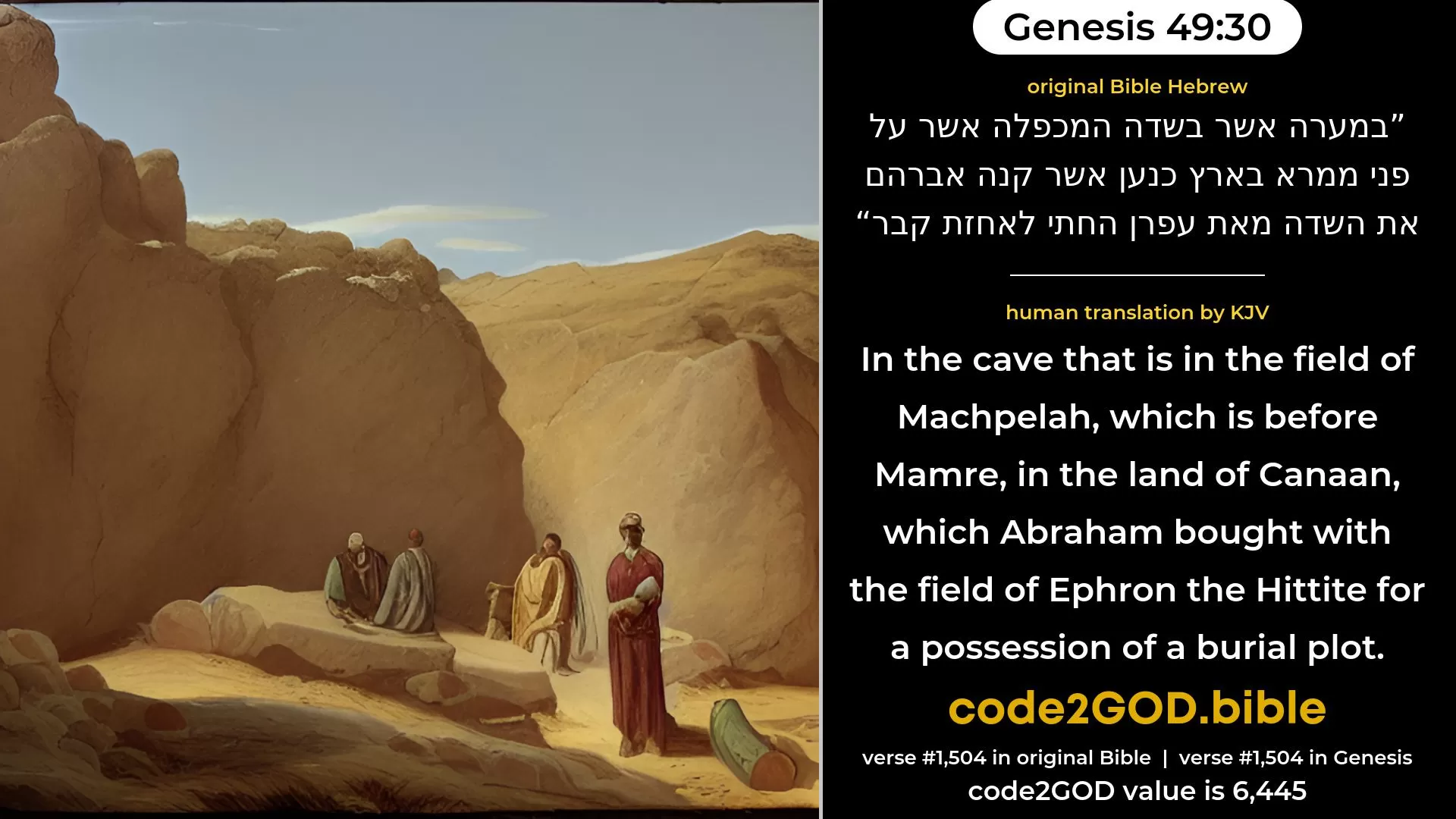 Genesis 49-30≈in the cave that is in the field of Machpelah, which is before Mamre, in the land of Canaan, which Abraham bought with the field from Ephron the Hittite for a possession of a burying-place. original Bible במערה אשר בשדה המכפלה אשר על פני ממרא בארץ כנען אשר קנה אברהם את השדה מאת עפרן החתי לאחזת קבר code2GOD