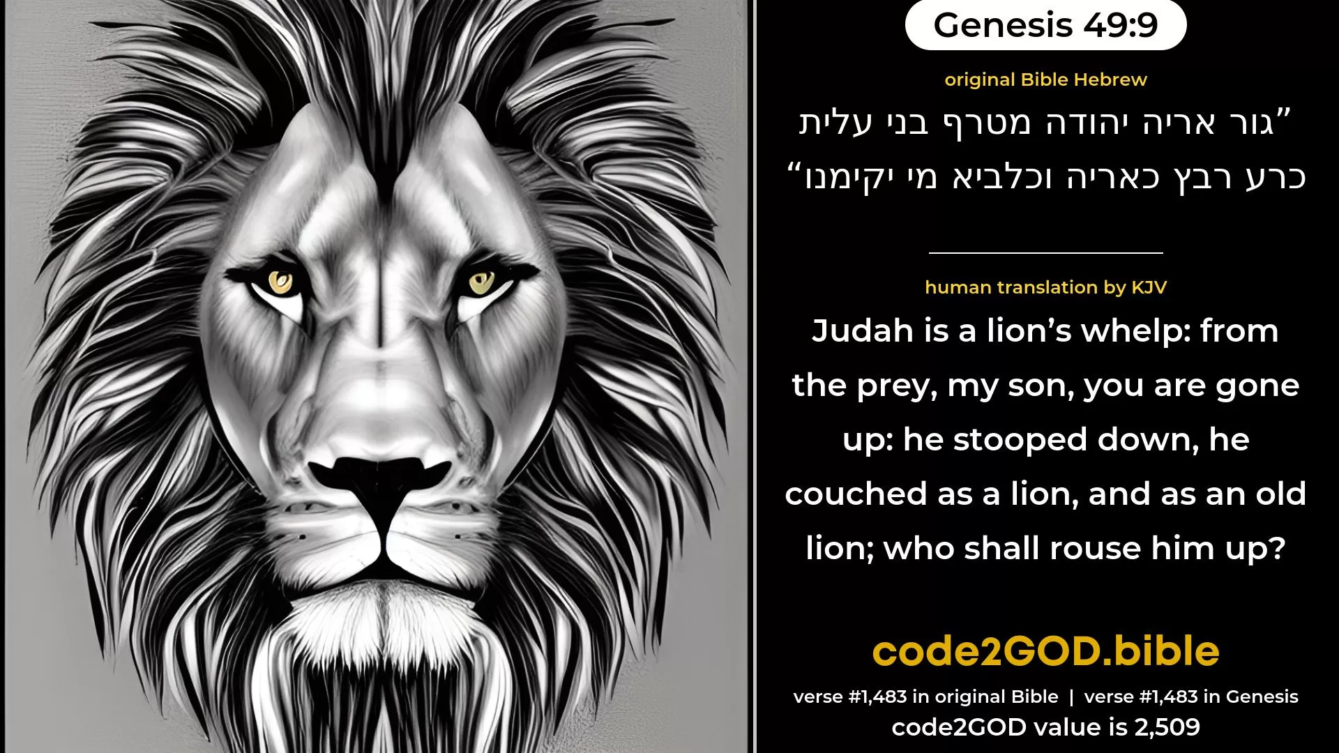 Genesis 49-9≈Judah is a lion’s whelp; From the prey, my son, thou art gone up. He stooped down, he couched as a lion, And as a lioness; who shall rouse him up? original Bible גור אריה יהודה מטרף בני עלית כרע רבץ כאריה וכלביא מי יקימנו code2GOD