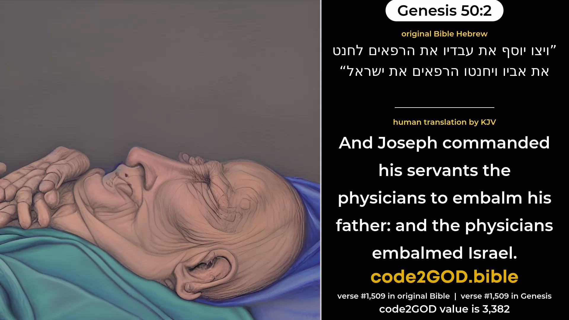 Genesis 50-2≈And Joseph commanded his servants the physicians to embalm his father. And the physicians embalmed Israel. original Bible ויצו יוסף את עבדיו את הרפאים לחנט את אביו ויחנטו הרפאים את ישראל code2GOD