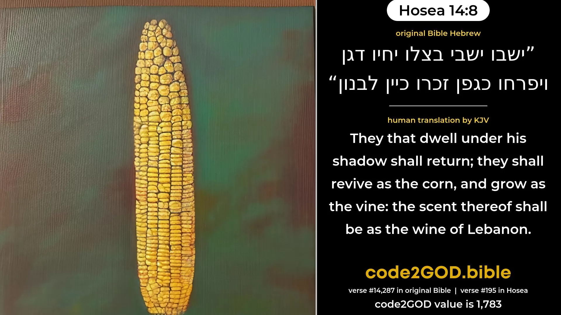 Hosea 14-8≈They that dwell under his shadow shall again Make corn to grow, And shall blossom as the vine; The scent thereof shall be as the wine of Lebanon. original Bible ישבו ישבי בצלו יחיו דגן ויפרחו כגפן זכרו כיין לבנון code2GOD