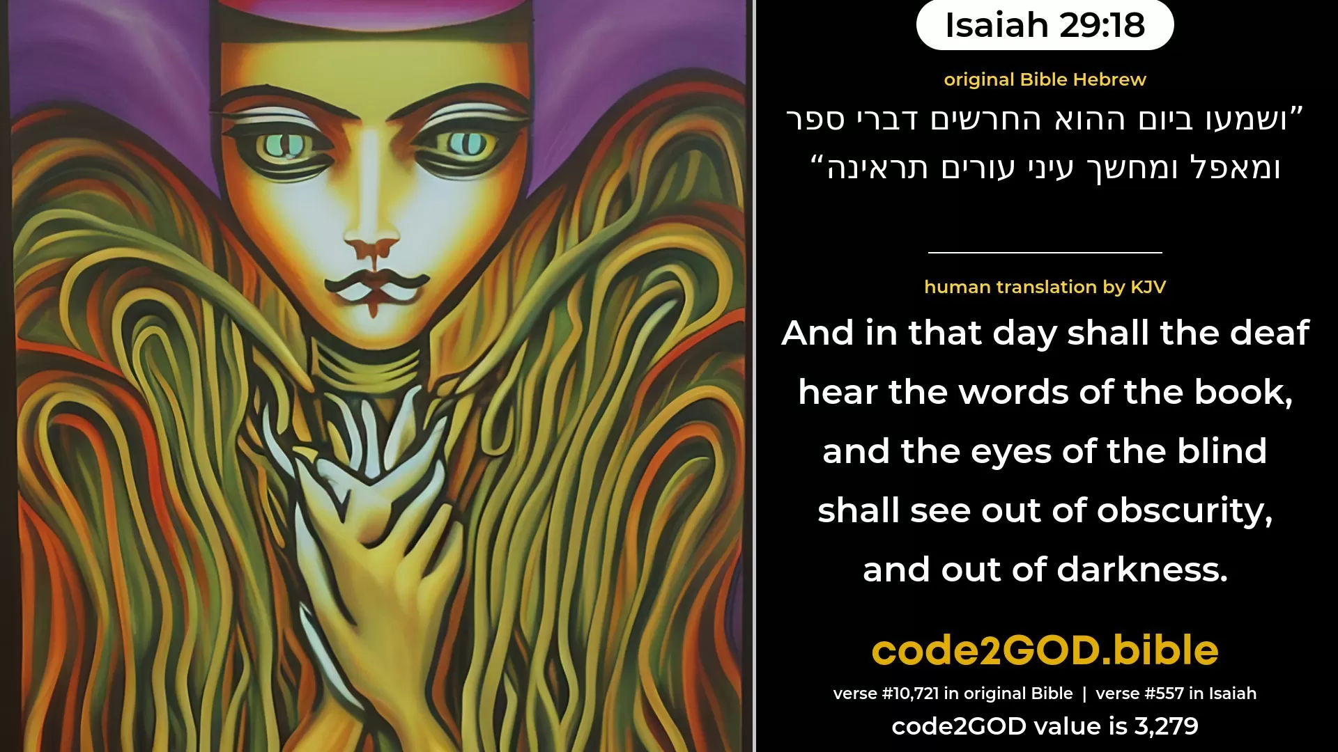Isaiah 29-18≈And in that day shall the deaf hear the words of a book, And the eyes of the blind shall see out of obscurity and out of darkness. original Bible ושמעו ביום ההוא החרשים דברי ספר ומאפל ומחשך עיני עורים תראינה code2GOD