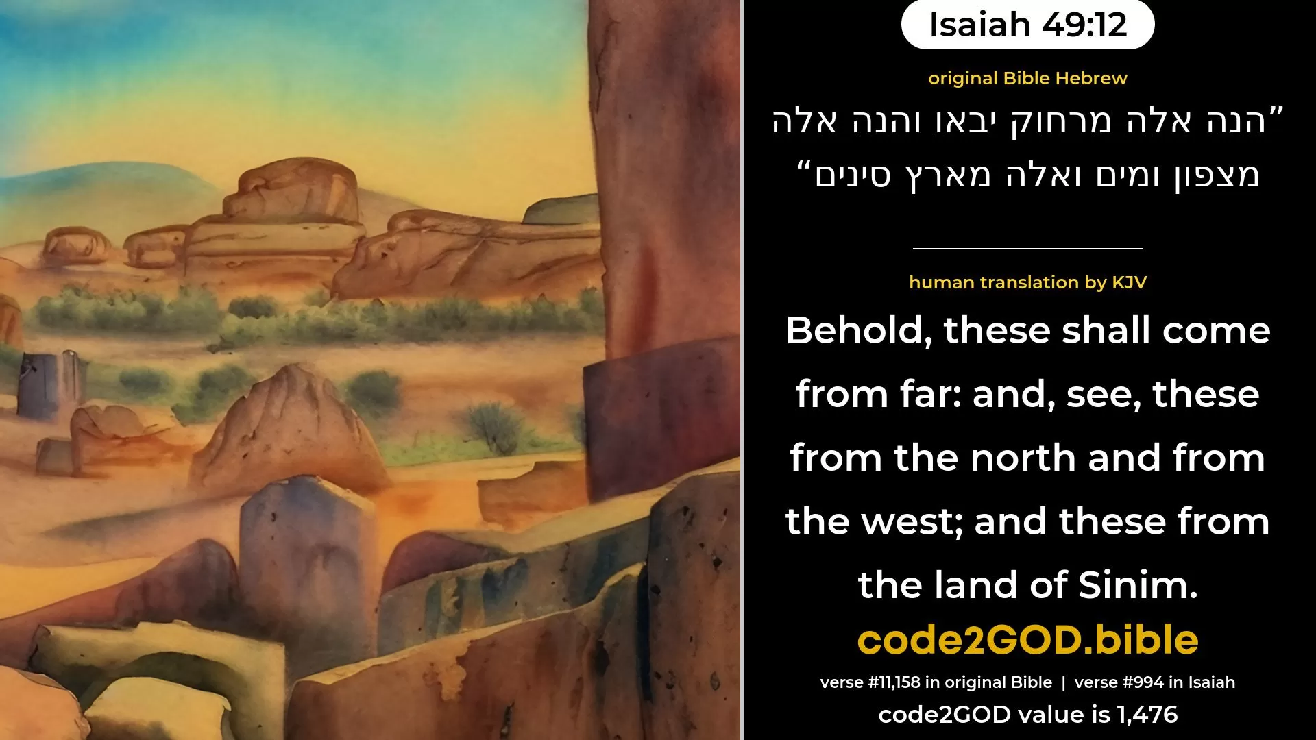Isaiah 49-12≈Behold, these shall come from far; And, lo, these from the north and from the west, And these from the land of Sinim. original Bible הנה אלה מרחוק יבאו והנה אלה מצפון ומים ואלה מארץ סינים code2GOD