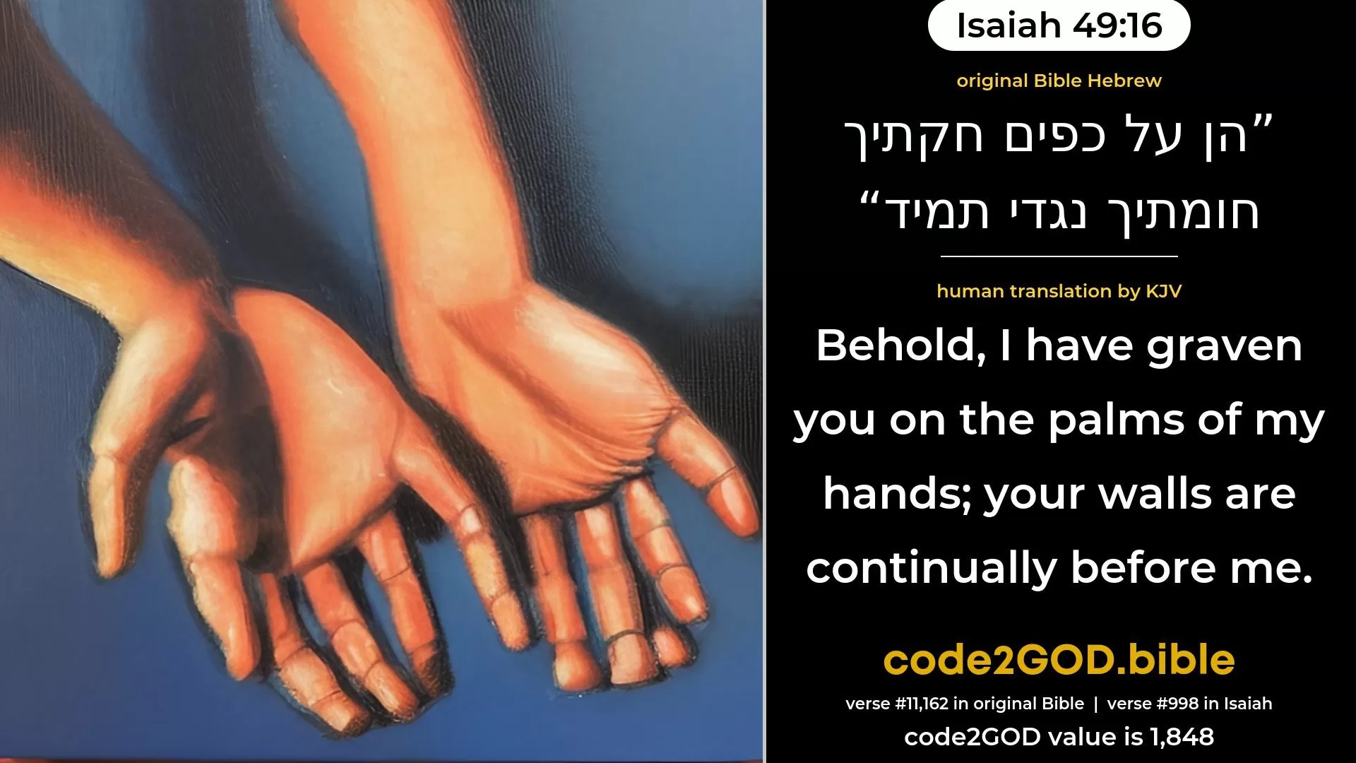 Isaiah 49-16≈Behold, I have graven thee upon the palms of My hands; Thy walls are continually before Me. original Bible הן על כפים חקתיך חומתיך נגדי תמיד code2GOD