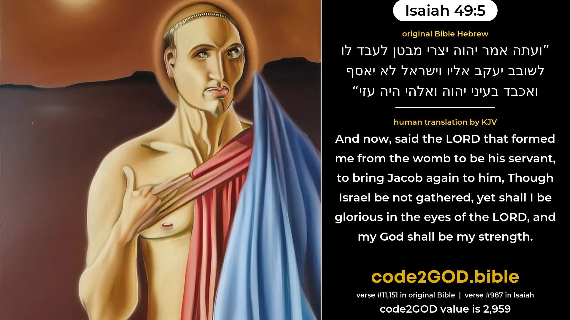Isaiah 49-5≈And now saith the LORD That formed me from the womb to be His servant, To bring Jacob back to Him, And that Israel be gathered unto Him—For I am honourable in the eyes of the LORD, And my God is become my strength— original Bible ועתה אמר יהוה יצרי מבטן לעבד לו לשובב יעקב אליו וישראל לא יאסף ואכבד בעיני יהוה ואלהי היה עזי code2GOD
