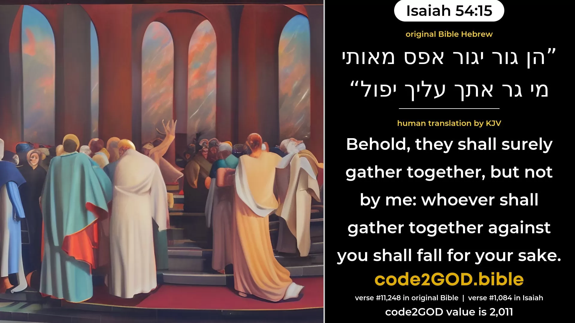 Isaiah 54-15≈Behold, they may gather together, but not by Me; Whosoever shall gather together against thee shall fall because of thee. original Bible הן גור יגור אפס מאותי מי גר אתך עליך יפול code2GOD