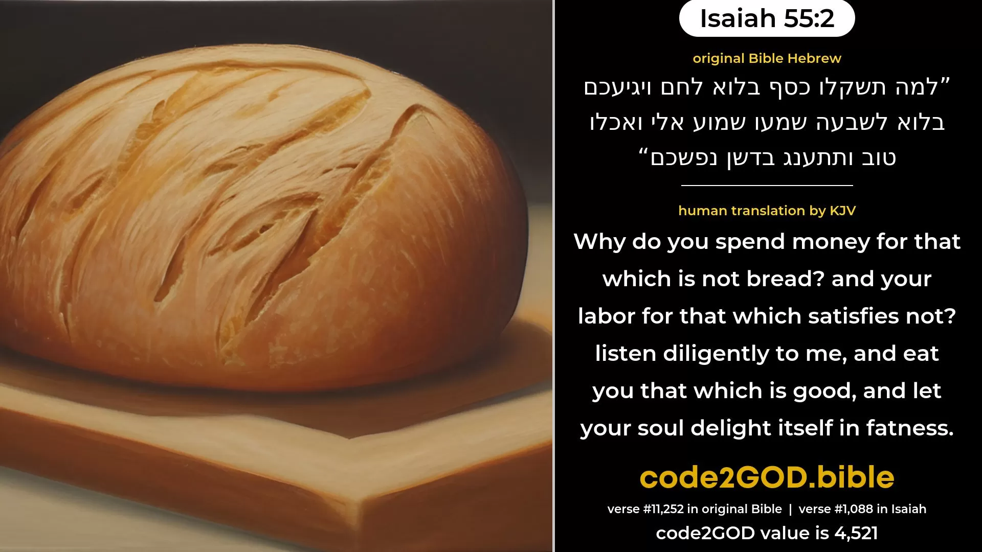Isaiah 55-2≈Wherefore do ye spend money for that which is not bread? And your gain for that which satisfieth not? Hearken diligently unto Me, and eat ye that which is good, And let your soul delight itself in fatness. original Bible למה תשקלו כסף בלוא לחם ויגיעכם בלוא לשבעה שמעו שמוע אלי ואכלו טוב ותתענג בדשן נפשכם code2GOD