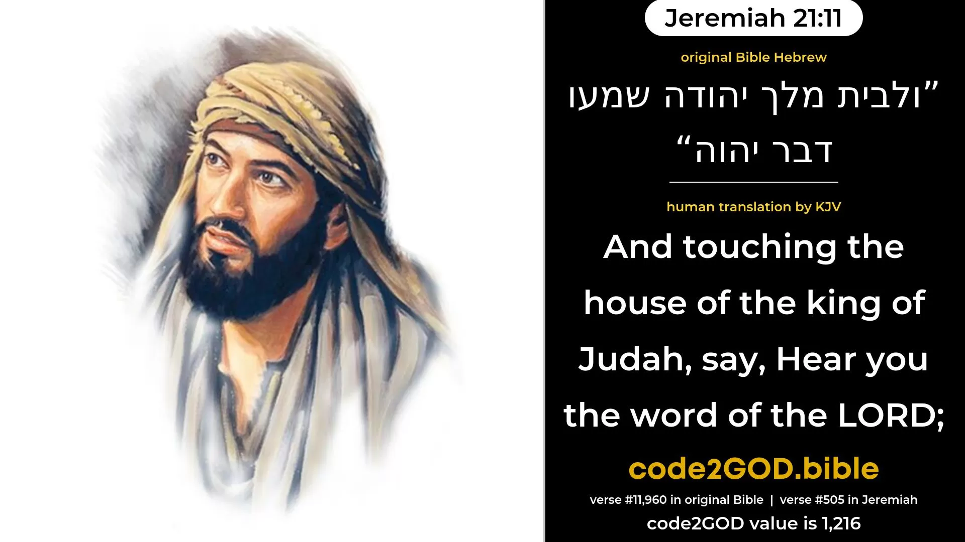 Jeremiah 21-11≈And unto the house of the king of Judah: Hear ye the word of the LORD; original Bible ולבית מלך יהודה שמעו דבר יהוה code2GOD