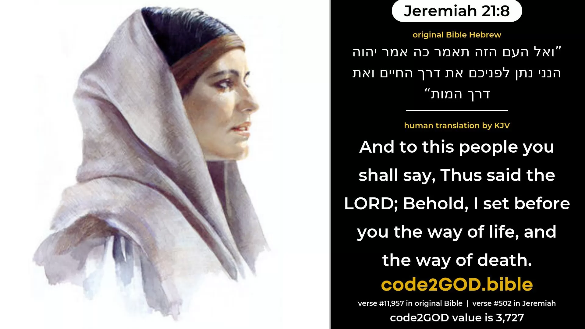 Jeremiah 21-8≈And unto this people thou shalt say: Thus saith the LORD: Behold, I set before you the way of life and the way of death. original Bible ואל העם הזה תאמר כה אמר יהוה הנני נתן לפניכם את דרך החיים ואת דרך המות code2GOD