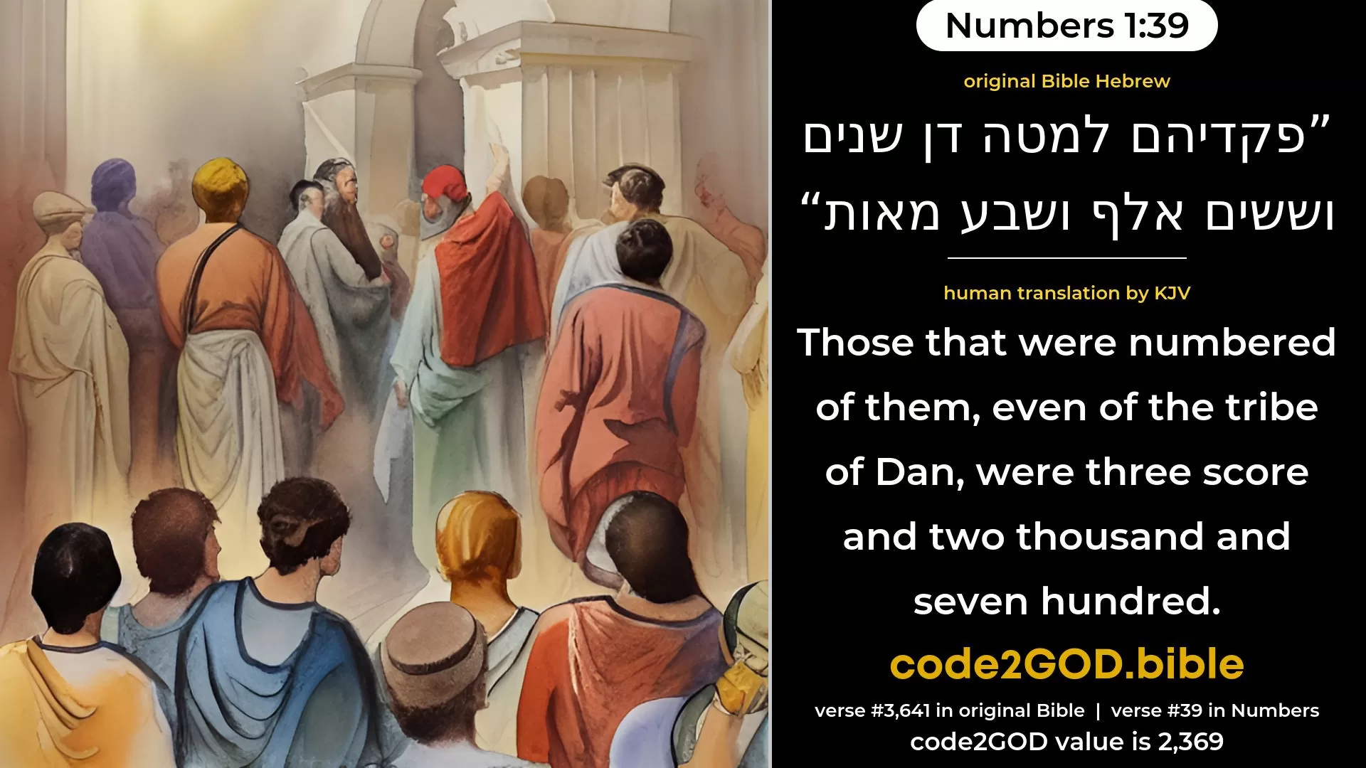 Numbers 1-39≈those that were numbered of them, of the tribe of Dan, were threescore and two thousand and seven hundred. original Bible פקדיהם למטה דן שנים וששים אלף ושבע מאות code2GOD