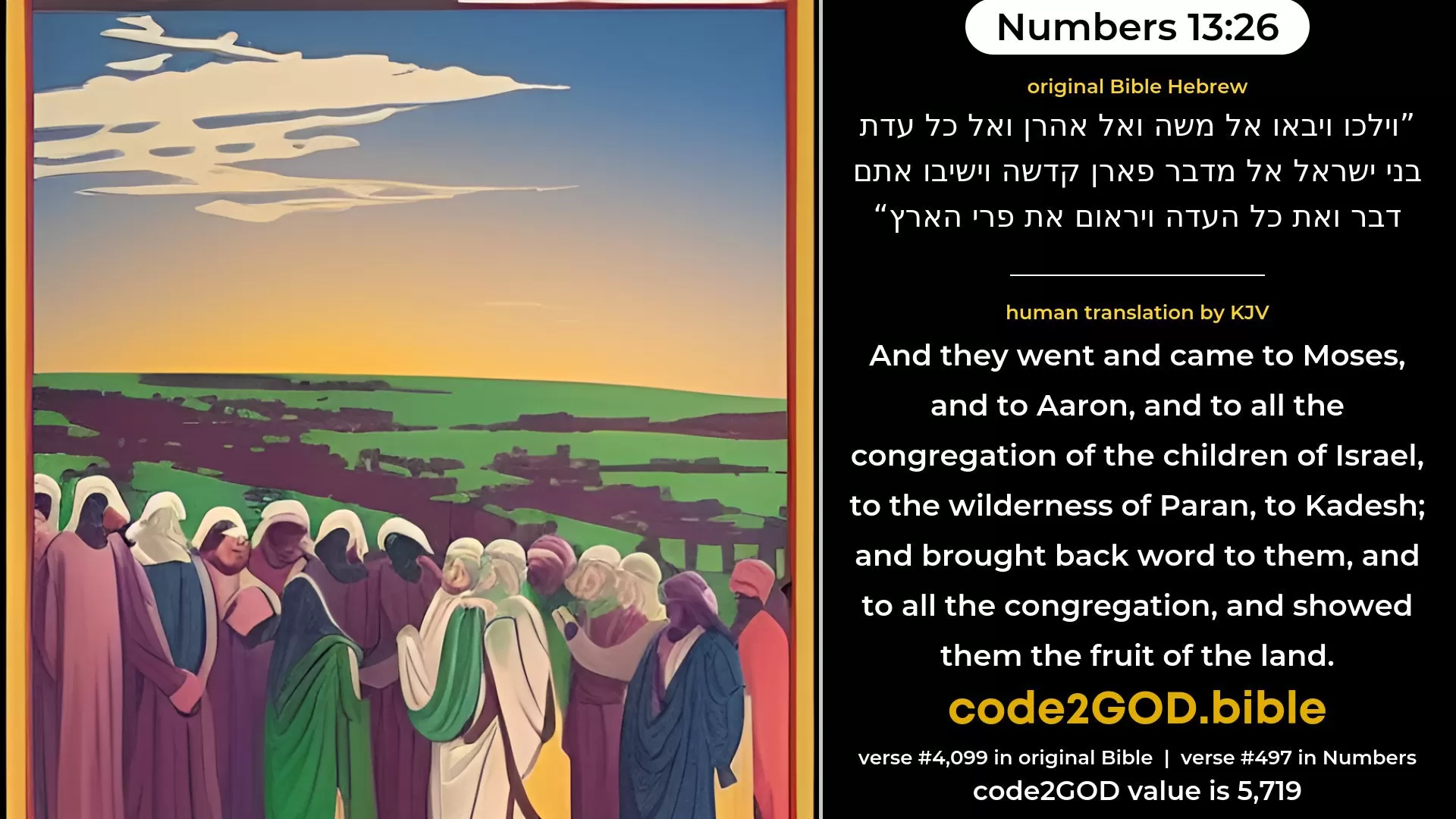 Numbers 13-26≈And they went and came to Moses, and to Aaron, and to all the congregation of the children of Israel, unto the wilderness of Paran, to Kadesh; and brought back word unto them, and unto all the congregation, and showed them the fruit of the land. original Bible וילכו ויבאו אל משה ואל אהרן ואל כל עדת בני ישראל אל מדבר פארן קדשה וישיבו אתם דבר ואת כל העדה ויראום את פרי הארץ code2GOD