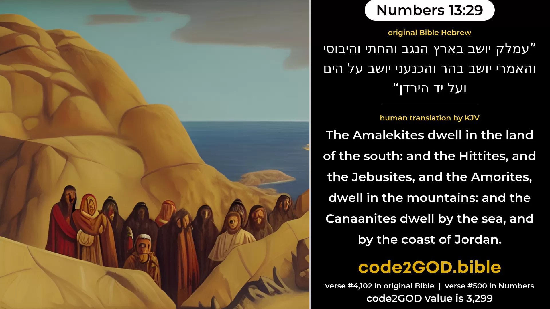 Numbers 13-29≈Amalek dwelleth in the land of the South; and the Hittite, and the Jebusite, and the Amorite, dwell in the mountains; and the Canaanite dwelleth by the sea, and along by the side of the Jordan.’ original Bible עמלק יושב בארץ הנגב והחתי והיבוסי והאמרי יושב בהר והכנעני יושב על הים ועל יד הירדן code2GOD