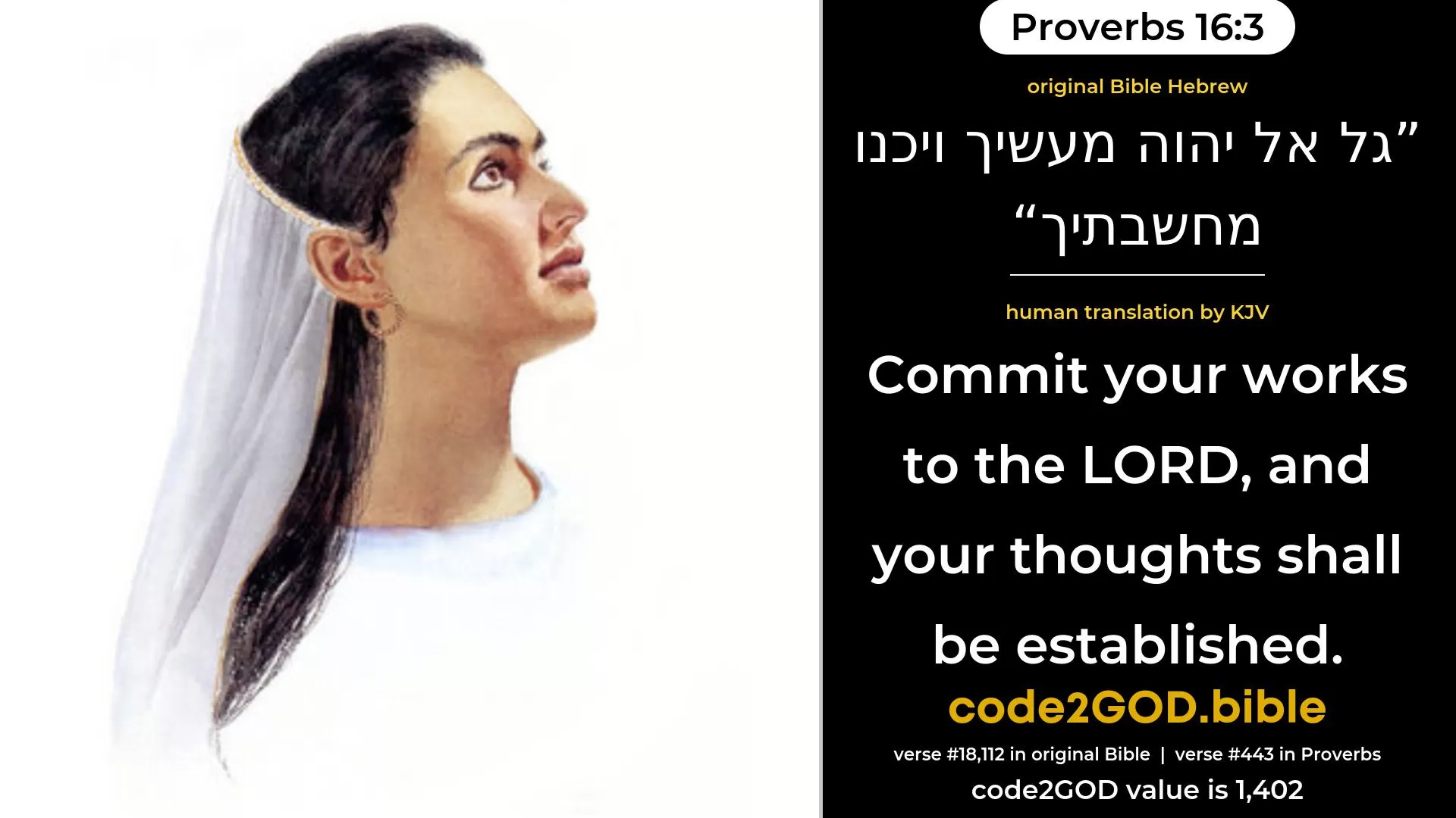 Proverbs 16-3≈Commit thy works unto the LORD, And thy thoughts shall be established. original Bible גל אל יהוה מעשיך ויכנו מחשבתיך code2GOD