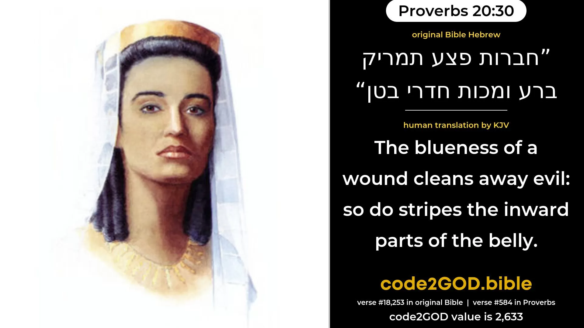 Proverbs 20-30≈Sharp wounds cleanse away evil; So do stripes that reach the inward parts. original Bible חברות פצע תמריק ברע ומכות חדרי בטן code2GOD