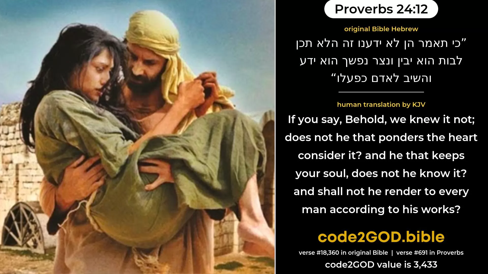 Proverbs 24-12≈If thou sayest: ‘Behold, we knew not this’, Doth not He that weigheth the hearts consider it? And He that keepeth thy soul, doth not He know it? And shall not He render to every man according to his works? original Bible כי תאמר הן לא ידענו זה הלא תכן לבות הוא יבין ונצר נפשך הוא ידע והשיב לאדם כפעלו code2GOD
