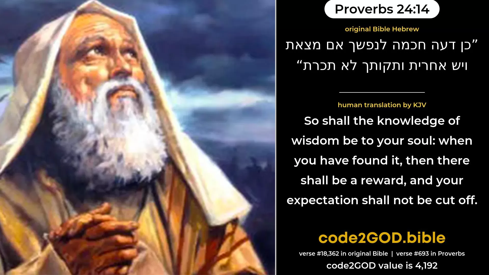 Proverbs 24-14≈So know thou wisdom to be unto thy soul; If thou hast found it, then shall there be a future, And thy hope shall not be cut off. original Bible כן דעה חכמה לנפשך אם מצאת ויש אחרית ותקותך לא תכרת code2GOD