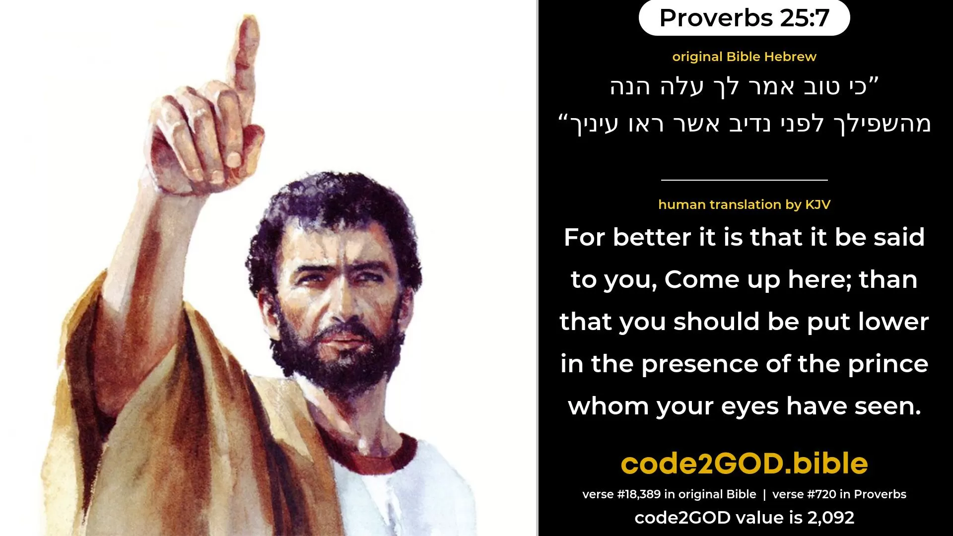 Proverbs 25-7≈For better is it that it be said unto thee: ‘Come up hither’, than that thou shouldest be put lower in the presence of the prince, whom thine eyes have seen. original Bible כי טוב אמר לך עלה הנה מהשפילך לפני נדיב אשר ראו עיניך code2GOD