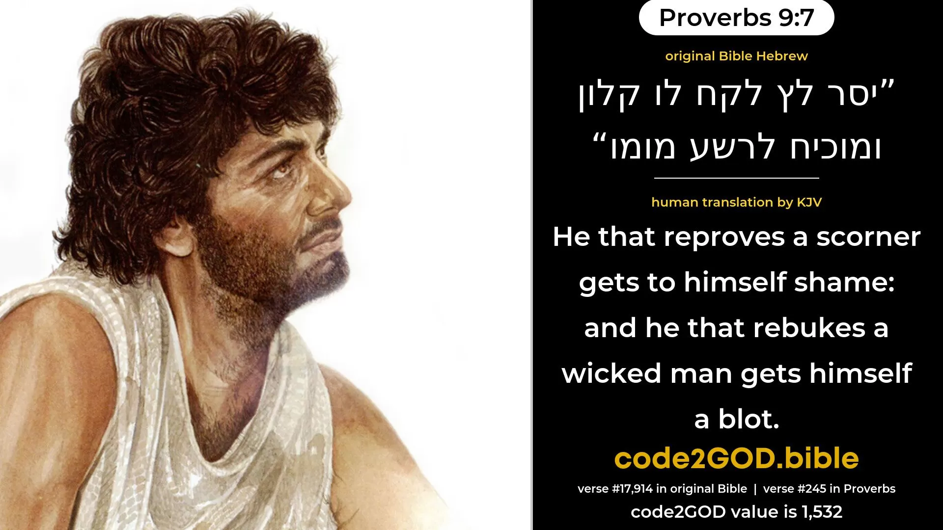 Proverbs 9-7≈He that correcteth a scorner getteth to himself shame, And he that reproveth a wicked man, it becometh unto him a blot. original Bible יסר לץ לקח לו קלון ומוכיח לרשע מומו code2GOD