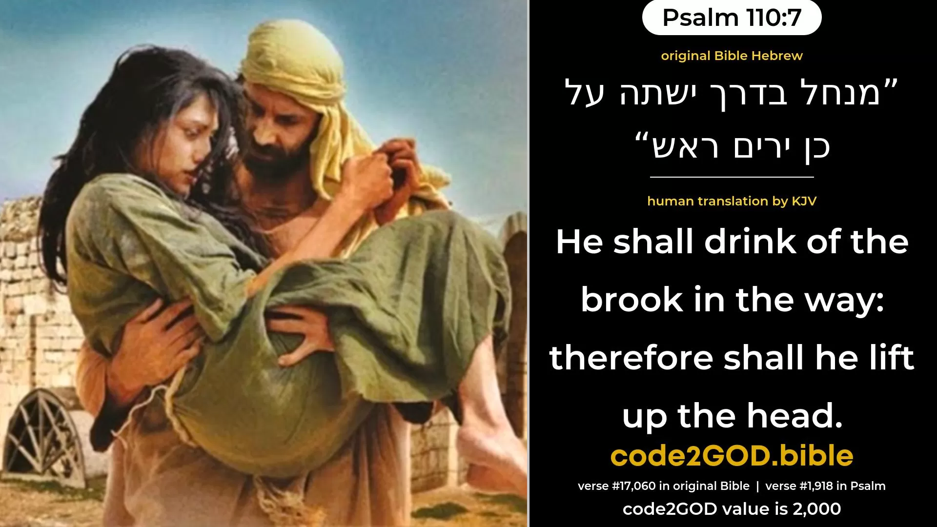 Psalm 110-7≈He will drink of the brook in the way; Therefore will he lift up the head. original Bible מנחל בדרך ישתה על כן ירים ראש code2GOD