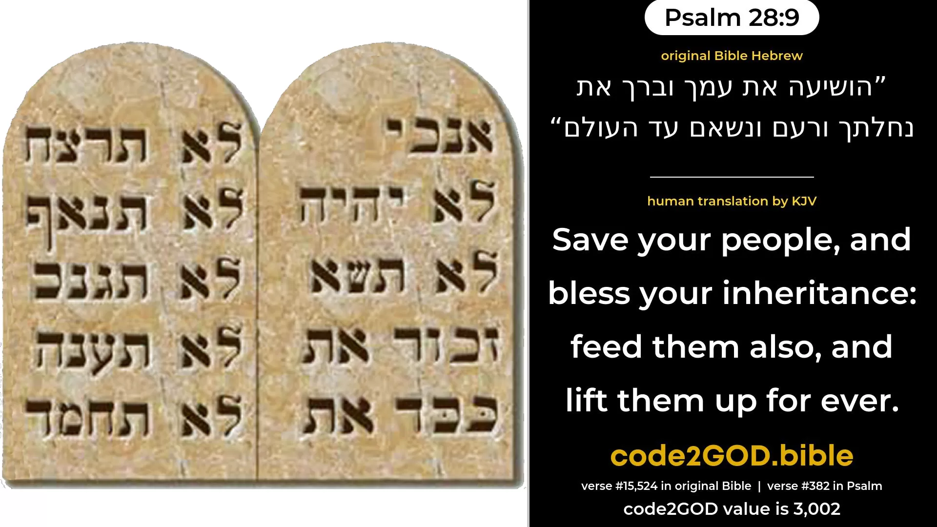 Psalm 28-9≈Save Thy people, and bless Thine inheritance; And tend them, and carry them for ever. original Bible הושיעה את עמך וברך את נחלתך ורעם ונשאם עד העולם code2GOD