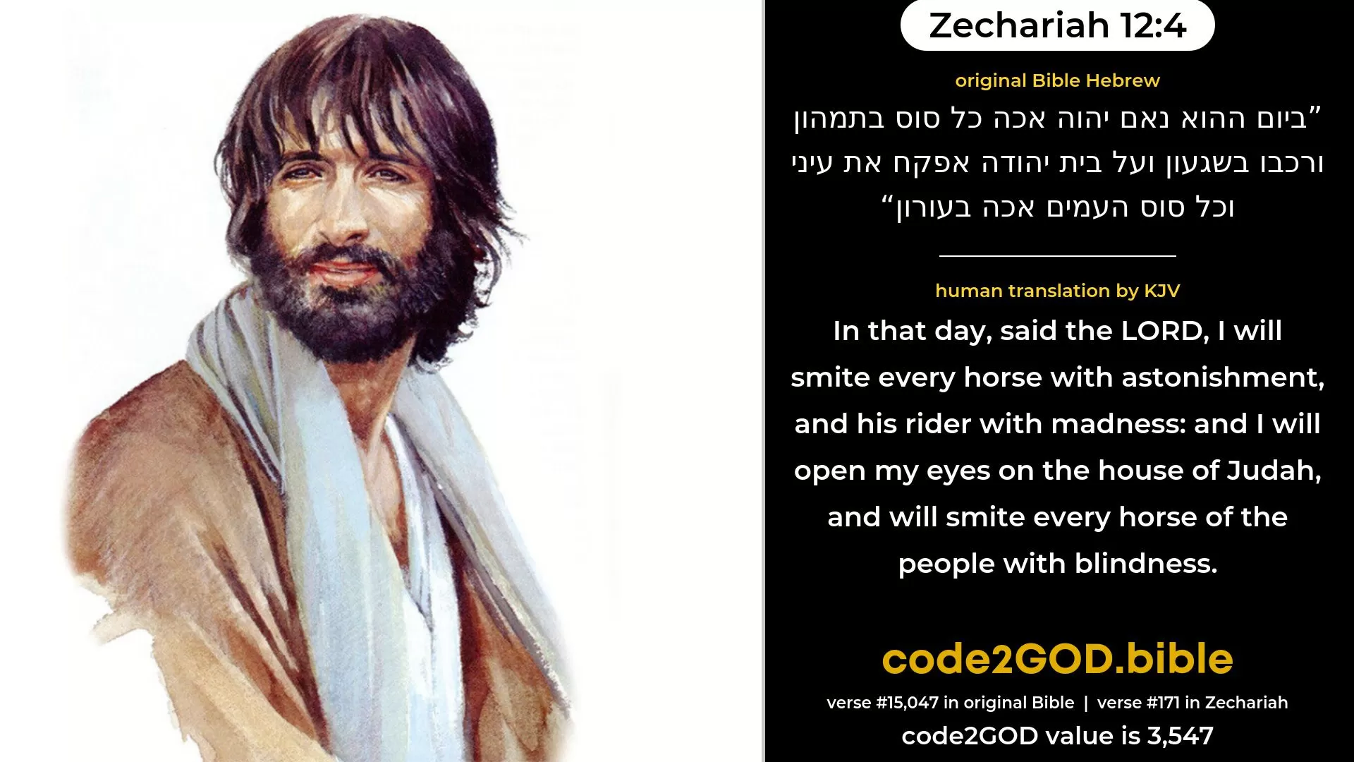 Zechariah 12-4≈In that day, saith the LORD, I will smite every horse with bewilderment, And his rider with madness; And I will open Mine eyes upon the house of Judah, And will smite every horse of the peoples with blindness. original Bible ביום ההוא נאם יהוה אכה כל סוס בתמהון ורכבו בשגעון ועל בית יהודה אפקח את עיני וכל סוס העמים אכה בעורון code2GOD