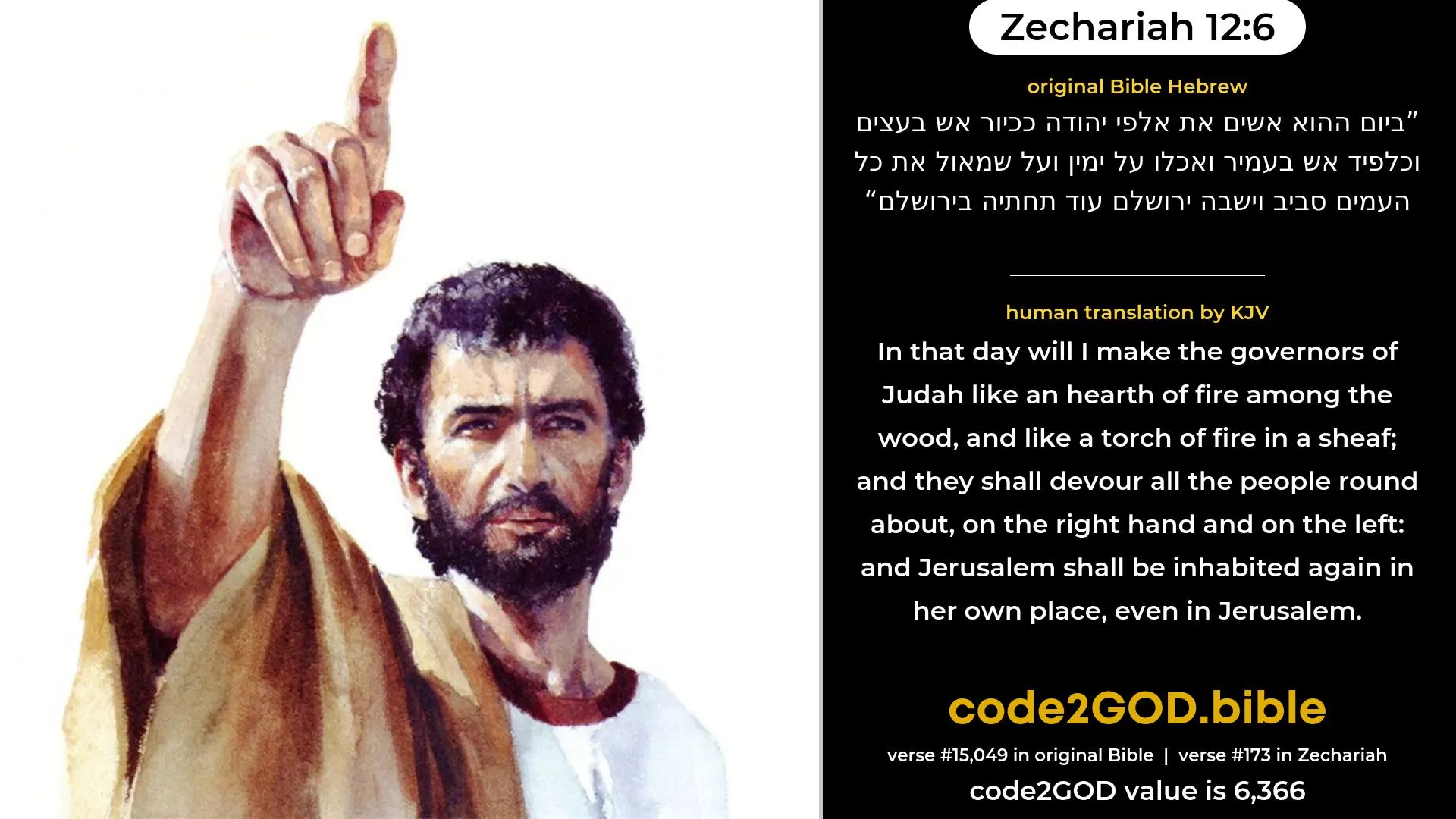 Zechariah 12-6≈In that day will I make the chiefs of Judah Like a pan of fire among the wood, And like a torch of fire among sheaves; And they shall devour all the peoples round about, On the right hand and on the left; And Jerusalem shall be inhabited again in her own place, even in Jerusalem. original Bible ביום ההוא אשים את אלפי יהודה ככיור אש בעצים וכלפיד אש בעמיר ואכלו על ימין ועל שמאול את כל העמים סביב וישבה ירושלם עוד תחתיה בירושלם code2GOD