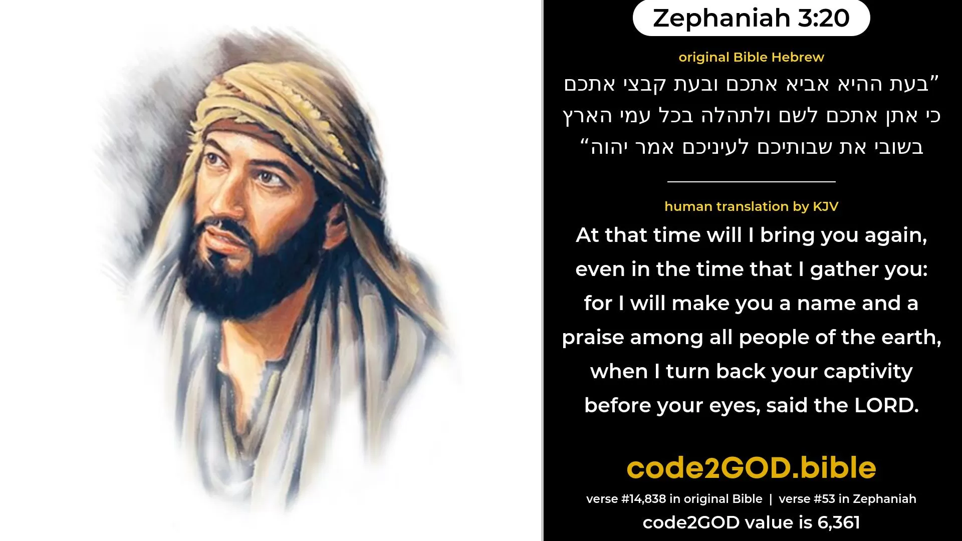 Zephaniah 3-20≈At that time will I bring you in, And at that time will I gather you; For I will make you to be a name and a praise Among all the peoples of the earth, When I turn your captivity before your eyes, Saith the LORD. original Bible בעת ההיא אביא אתכם ובעת קבצי אתכם כי אתן אתכם לשם ולתהלה בכל עמי הארץ בשובי את שבותיכם לעיניכם אמר יהוה code2GOD